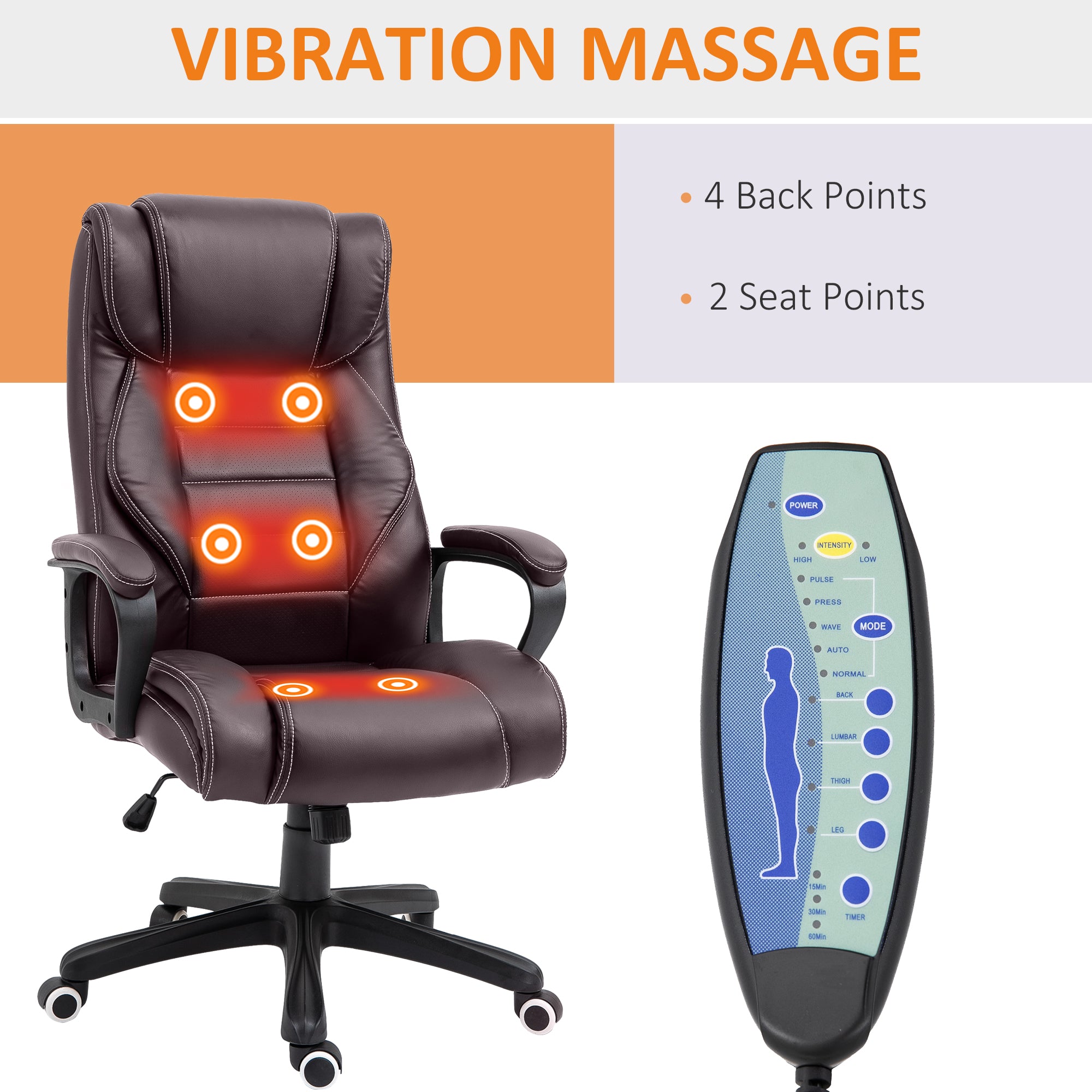 High Back Executive Office Chair 6- Point Vibration Massage Extra Padded Swivel Ergonomic Tilt Desk Seat, Brown