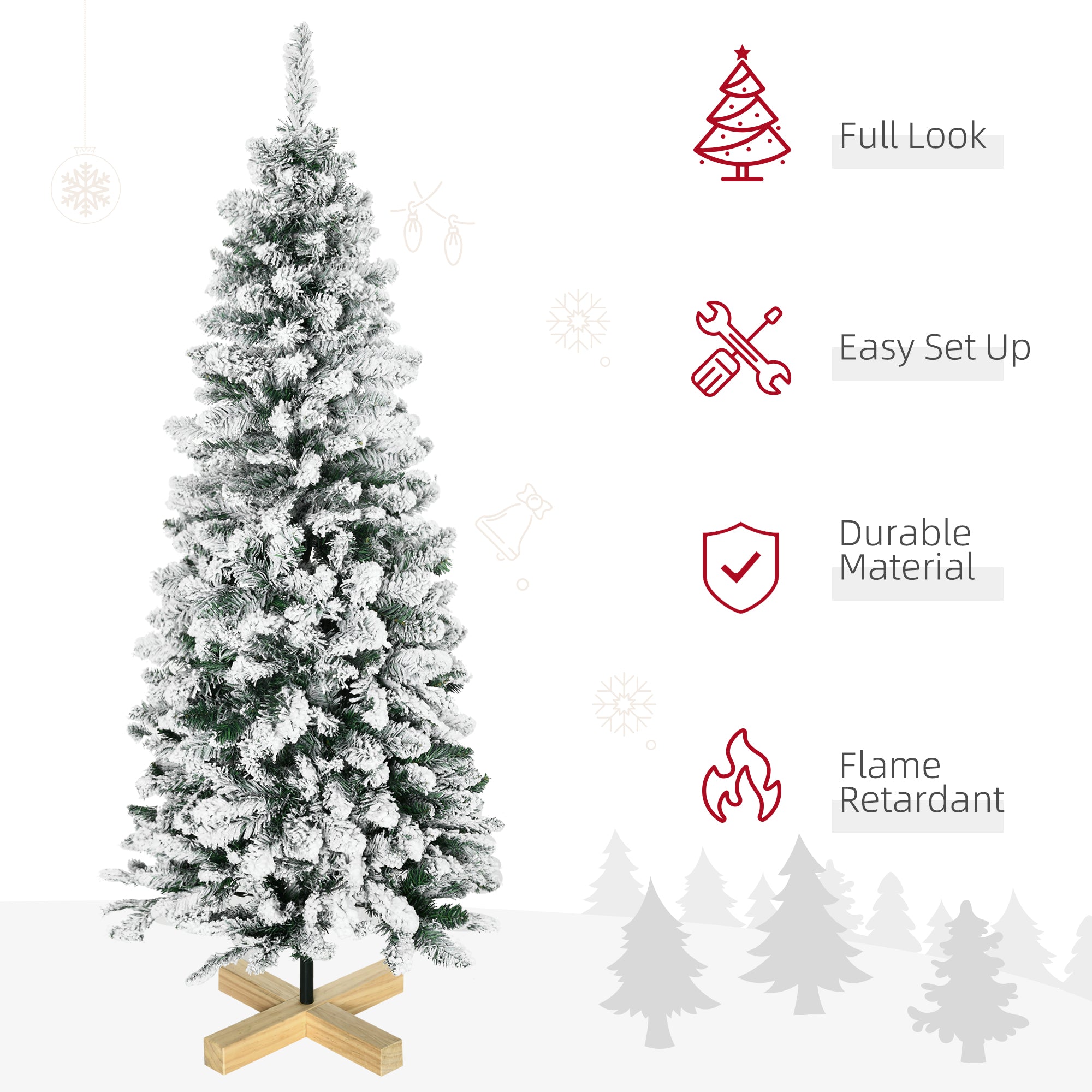 5 Foot Snow Flocked Artificial Christmas Tree, Xmas Pencil Tree with 426 Realistic Branches, Auto Open, Pinewood Base, Green