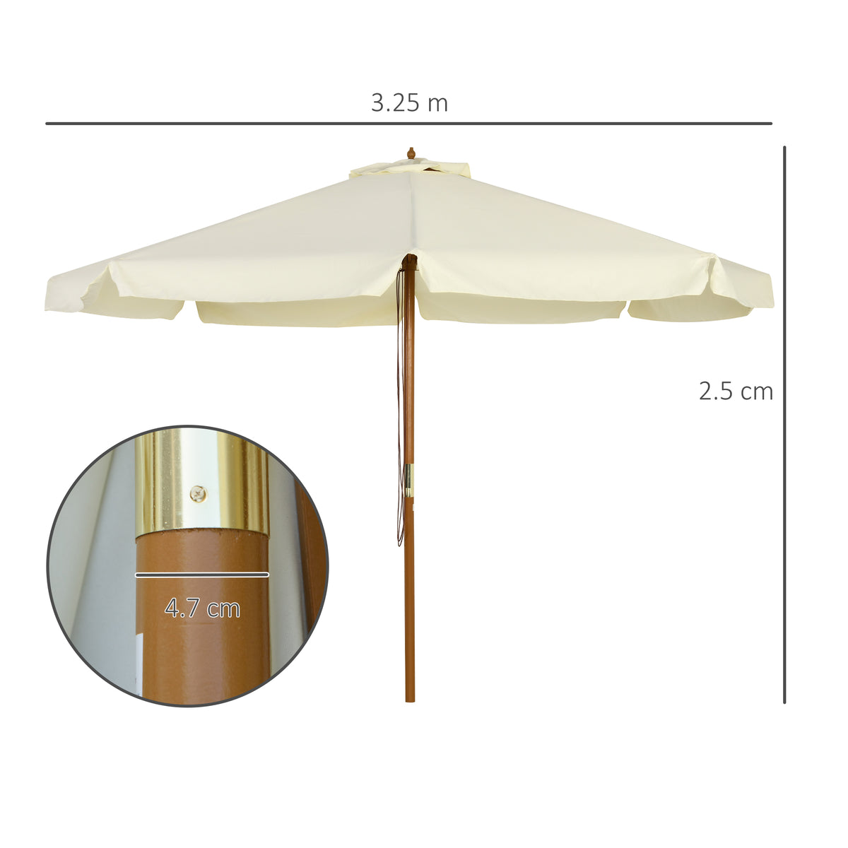 3.3m Patio Umbrella with Bamboo Ribs and Wood Pole, Ruffled Canopy - Beige