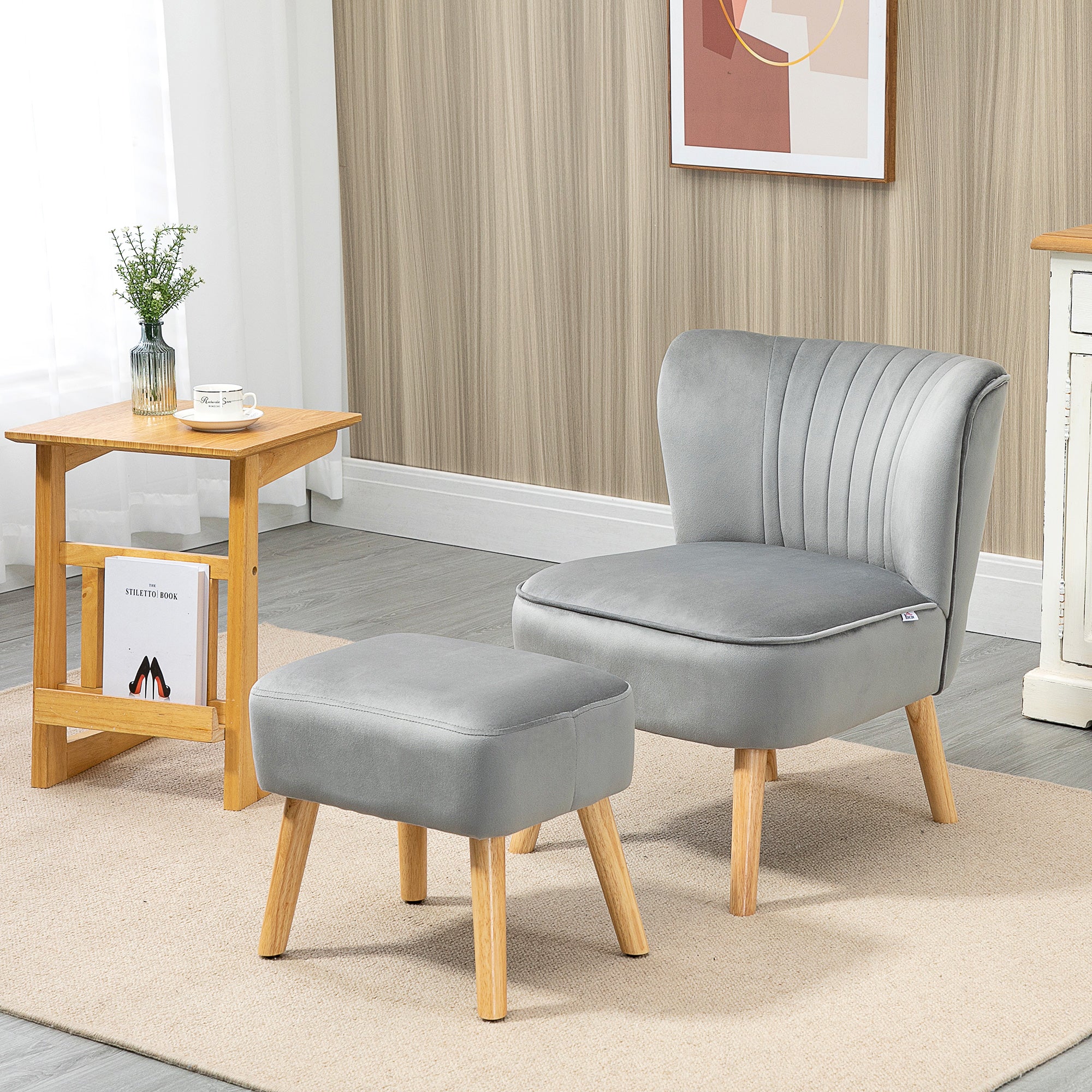 Velvet Accent Chair Occasional Tub Seat Padding Curved Back with Ottoman Wood Frame Legs Home Furniture Light Grey