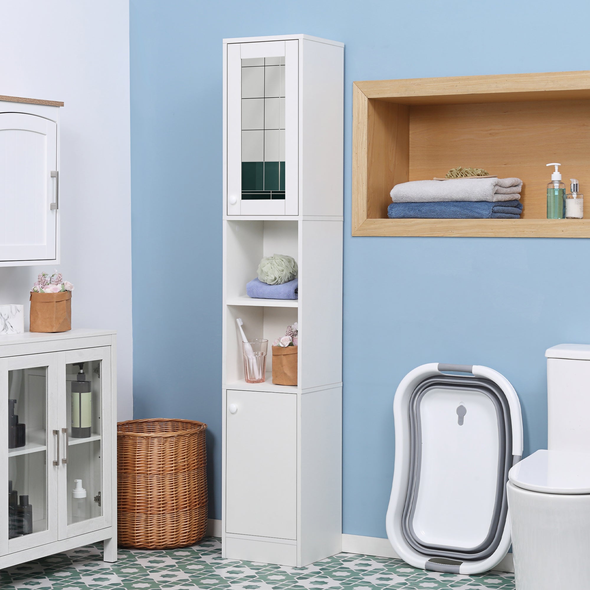 Tall Bathroom Storage Cabinet with Mirror, Narrow Freestanding Floor Cabinet with Adjustable Shelves