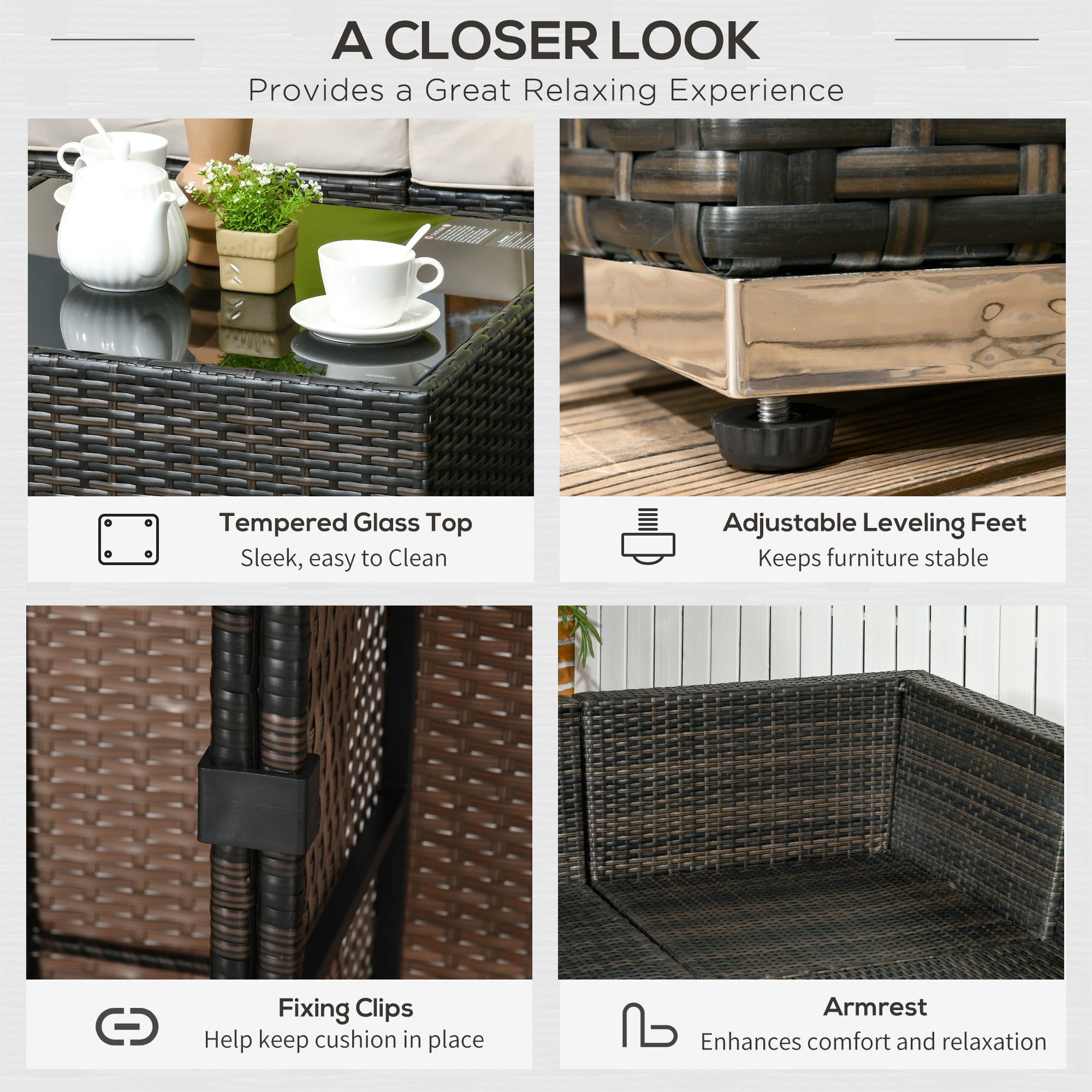 7-Seater PE Rattan Garden Wicker Corner Sofa Set with Cushions & Tempered Glass Table - Brown