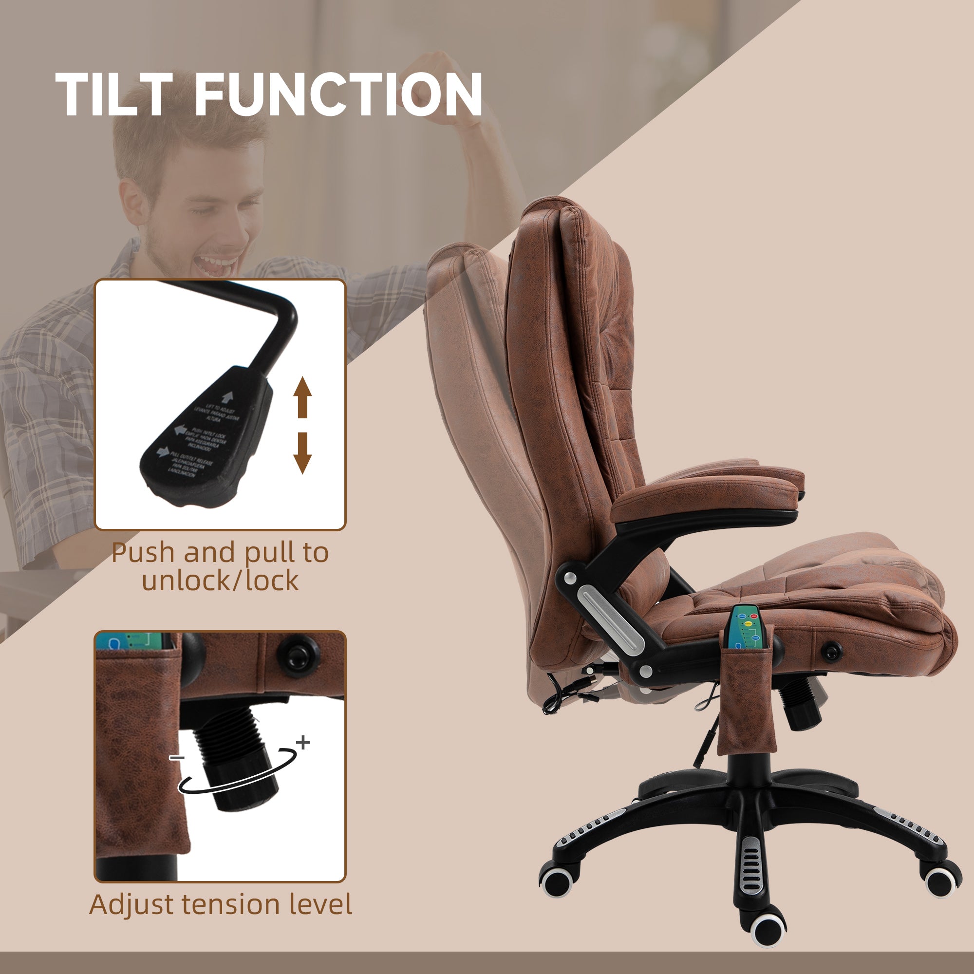 Massage Recliner Chair Heated Office Chair with Six Massage Points Microfiber Cloth 360° Swivel Wheels Brown