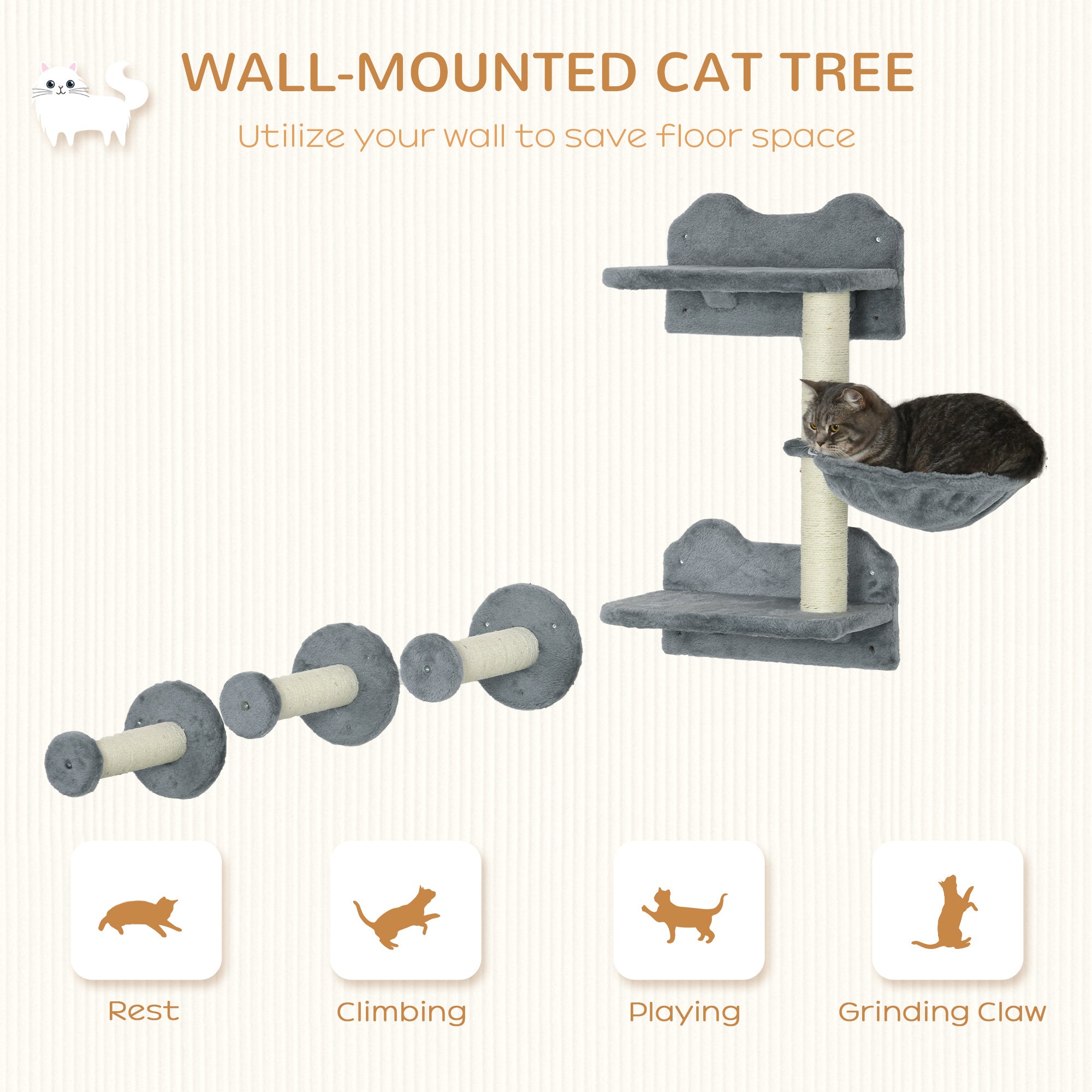 Four-Piece Cat Shelf with Scratching Post, Wall-Mounted Cat Tree for Indoor Cat - Grey