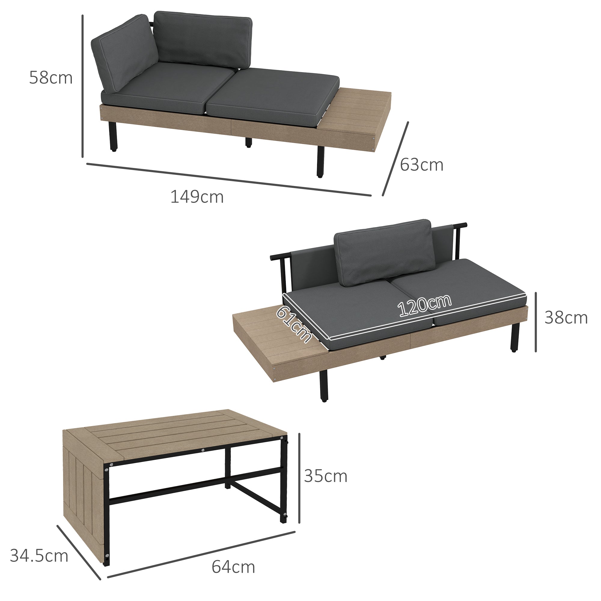 3-Piece L Shaped Garden Sofa Set with Sofa, Table, Cushions, HDPE, Garden Furniture Set for Poolside, Patio