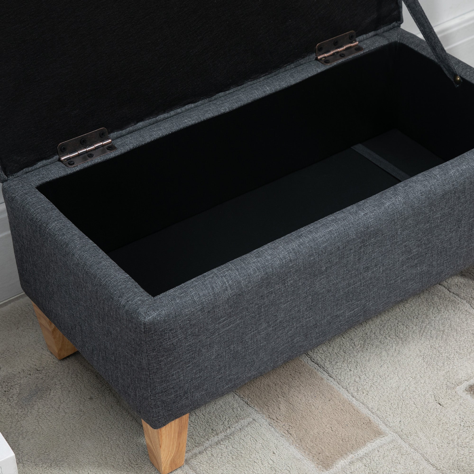 Linen Storage Ottoman Padded Footstool with Rubberwood Legs - Dark Grey
