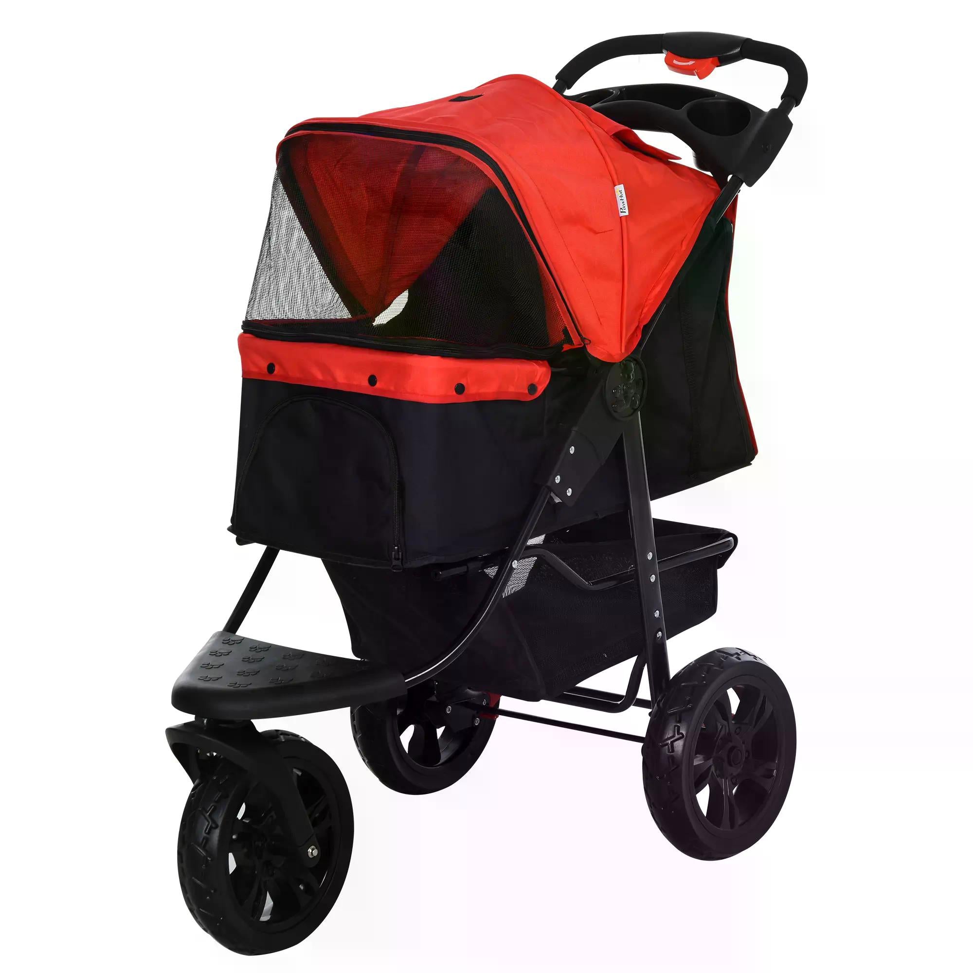 Oxford Cloth Folding 3-Wheel Pet Stroller Dog Trolley Red/Black