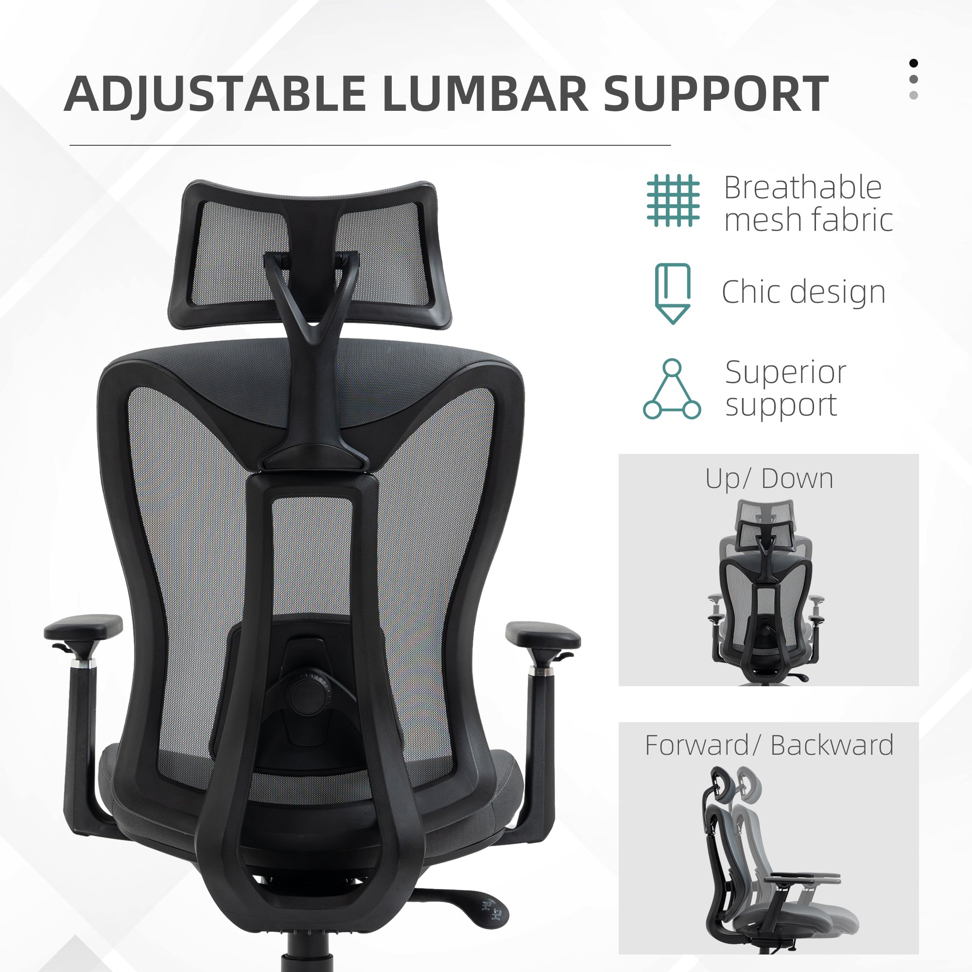 Mesh Office Chair, Reclining Desk Chair with Adjustable Headrest, Lumbar Support, 3D Armrest, Sliding Seat, Swivel Wheels, Grey