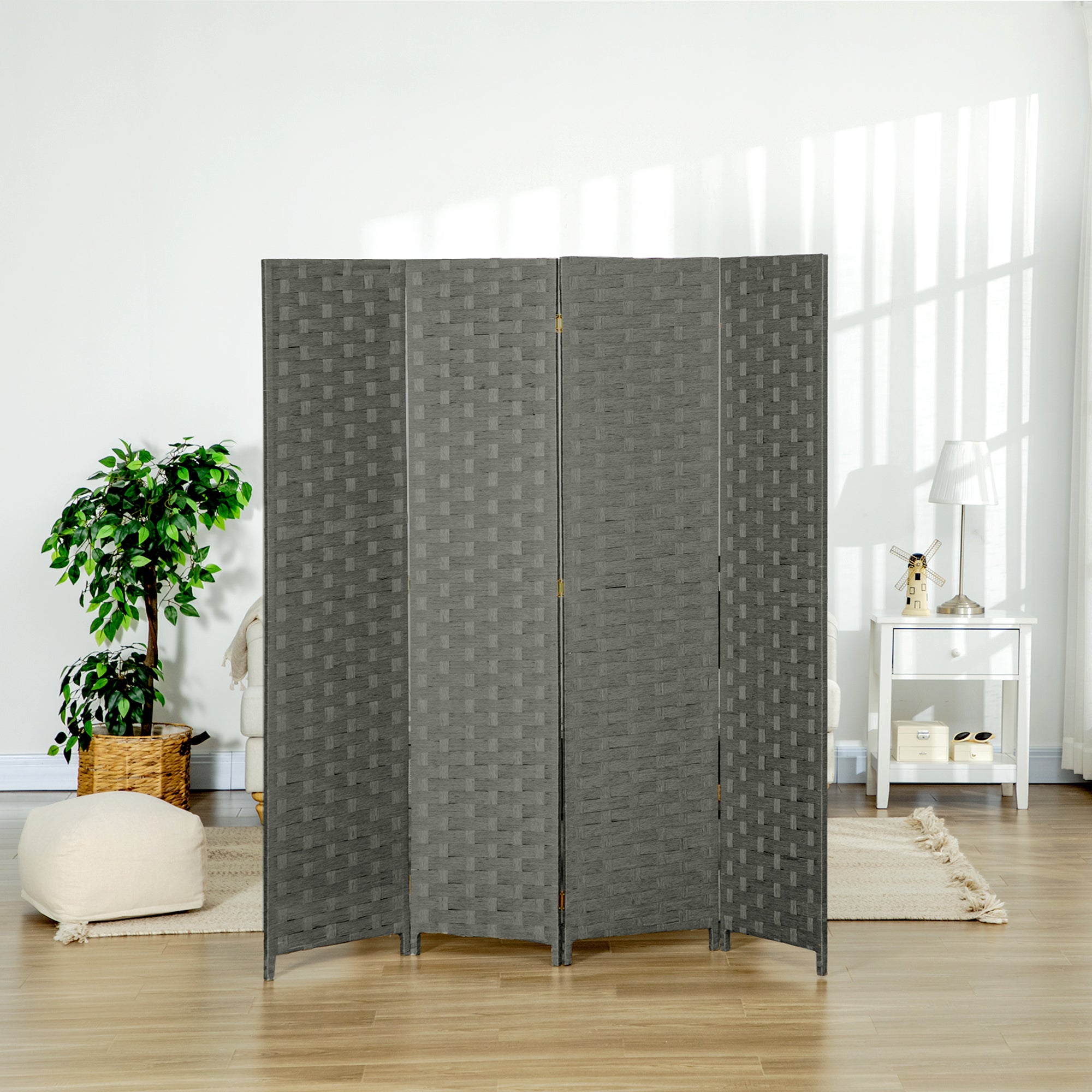 4-Panel Room Dividers, Wave Fibre Freestanding Folding Privacy Screen Panels, Partition Wall Divider for Indoor Bedroom Office, 170 cm, Grey