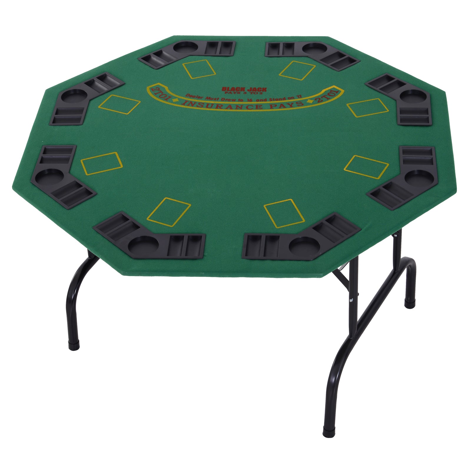 8 Player Folding Games Poker Table w/ Chip Cup Holder Steel Base Felt Top Octagon Blackjack Adult Family Friends Green