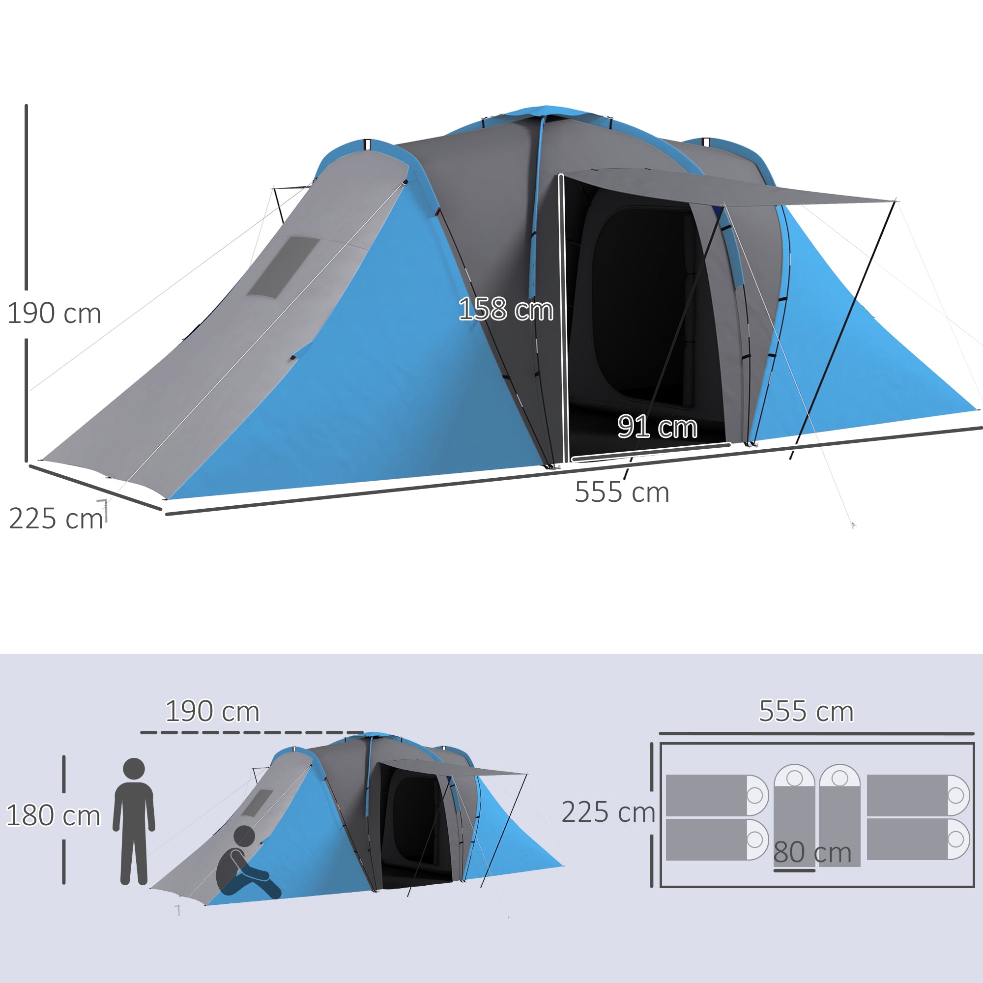 Large 4-6 Man Tunnel Camping Tent with 2 Bedrooms and Waterproof Blue