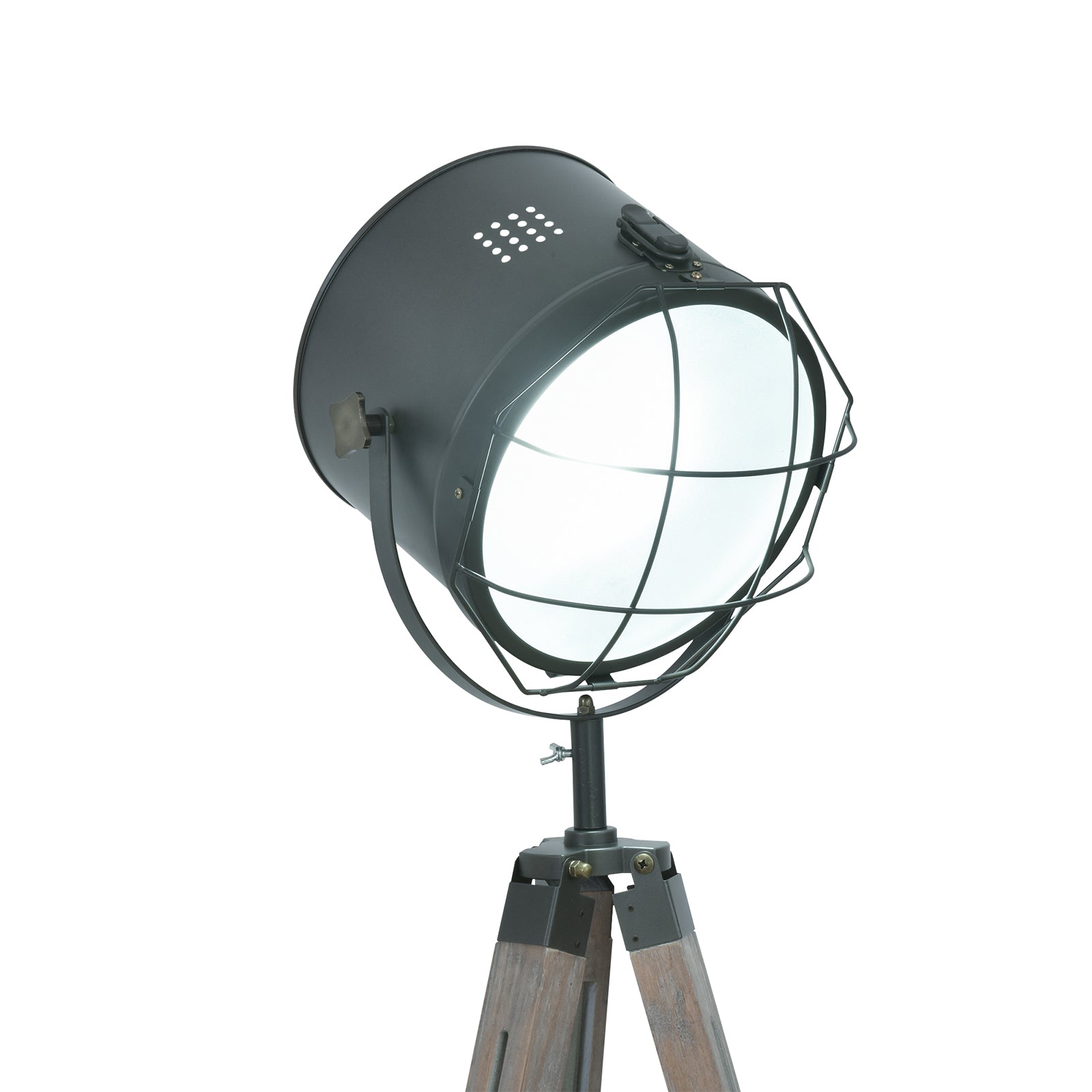 Industrial Tripod Floor Lamp with Vintage Spotlight and Wooden Legs E27 Base - Grey