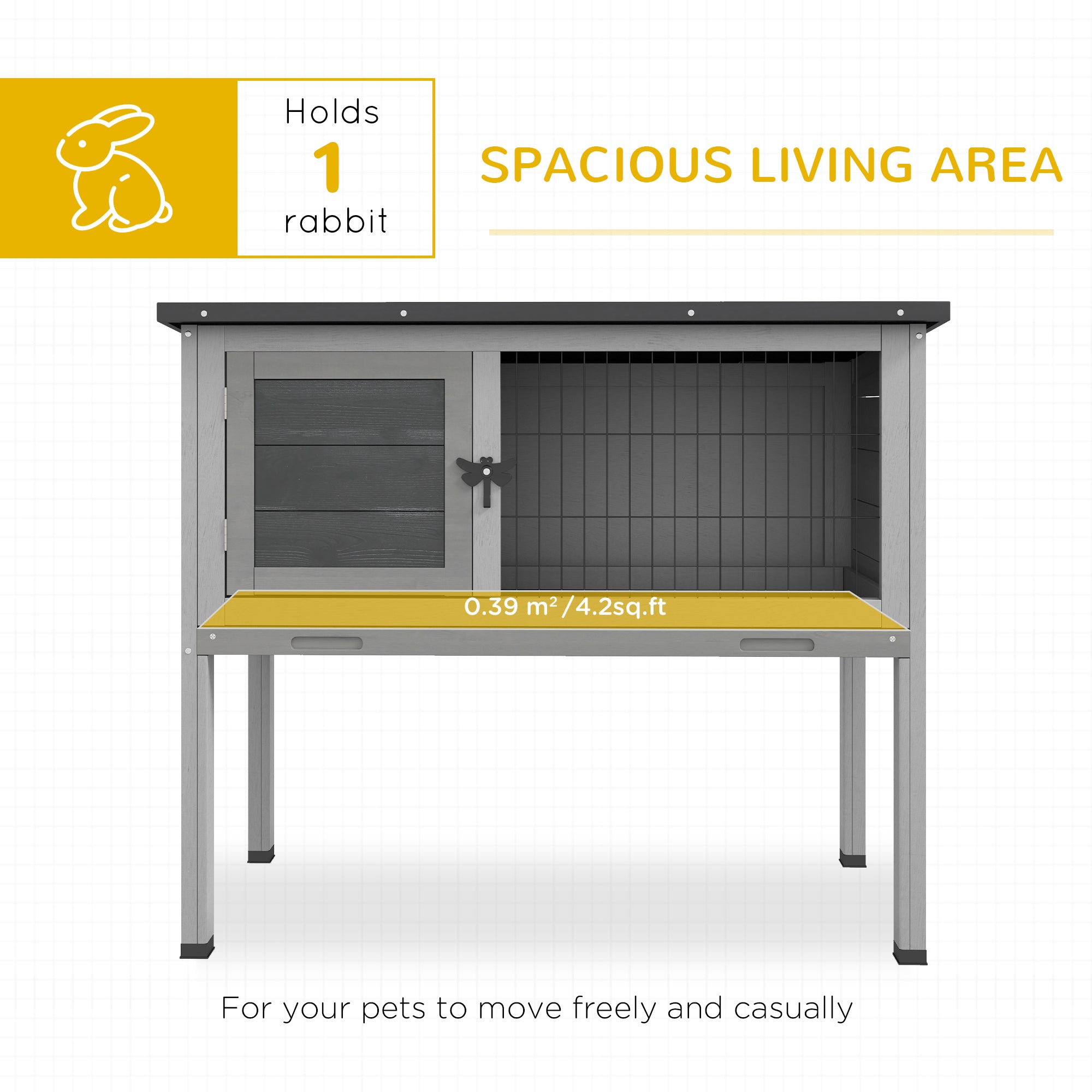 Wooden Rabbit Hutch Guinea Pig Hutch Bunny Cage Garden Built in Tray Openable Asphalt Roof Small Animal House 84 x 43 x 70 cm Grey