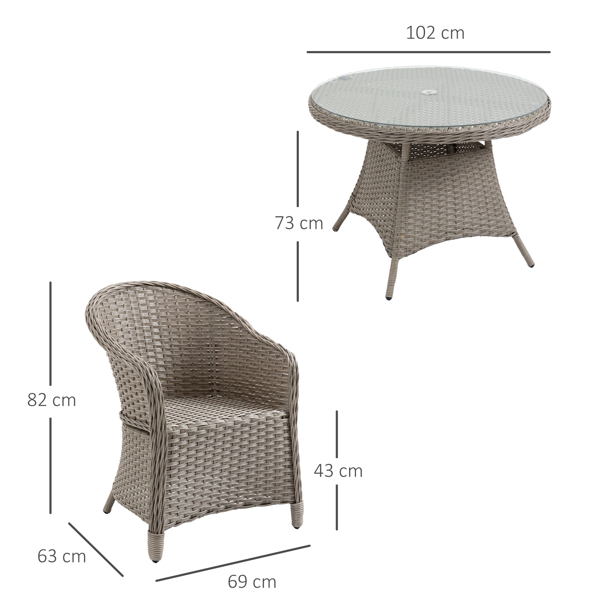 5 Pieces Outdoor Patio PE Rattan Dining Set, Four Seater Garden Furniture - 4 Chairs & Round Table w/ Umbrella Hole, Mixed Grey