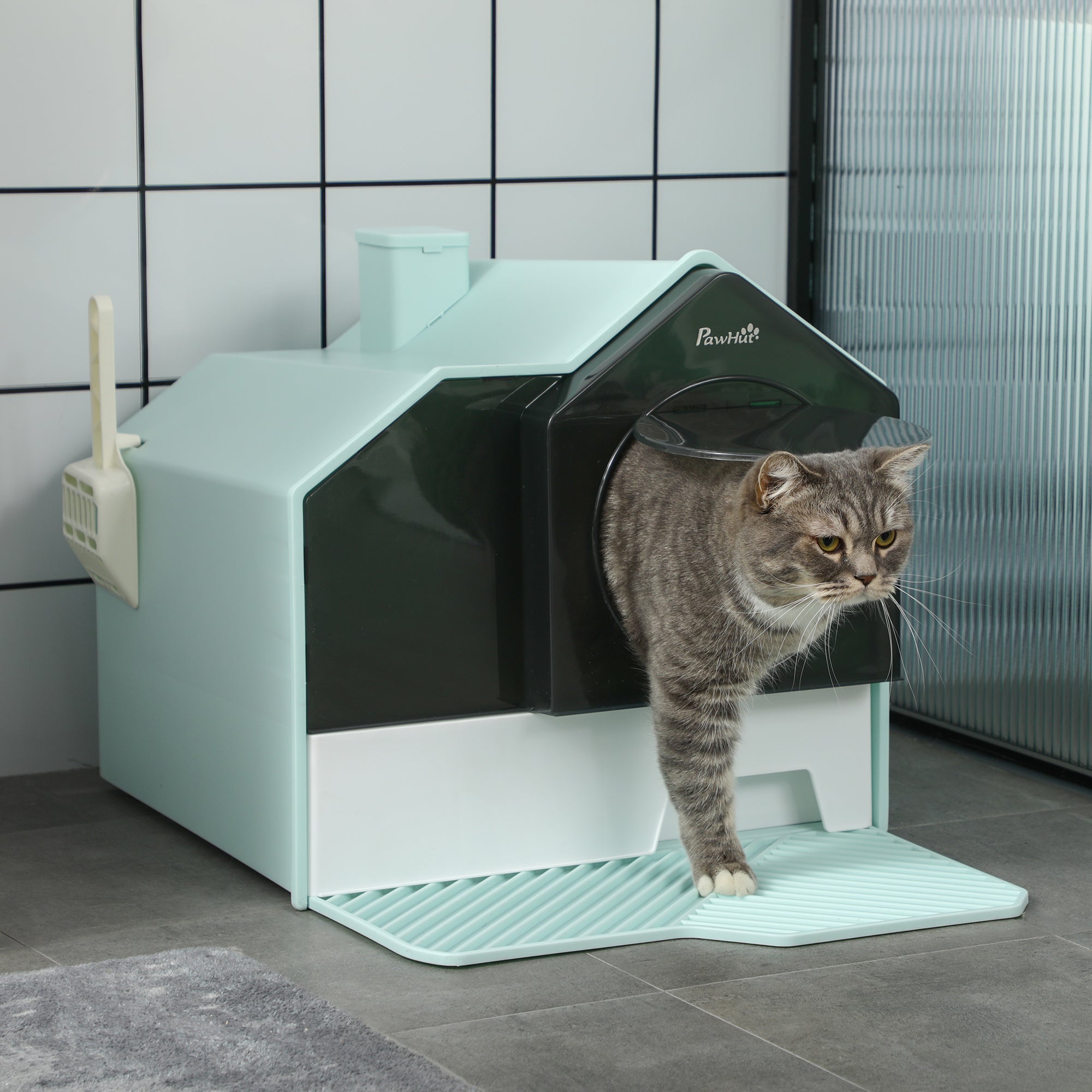 Hooded Cat Litter Tray w/ Scoop Light Blue