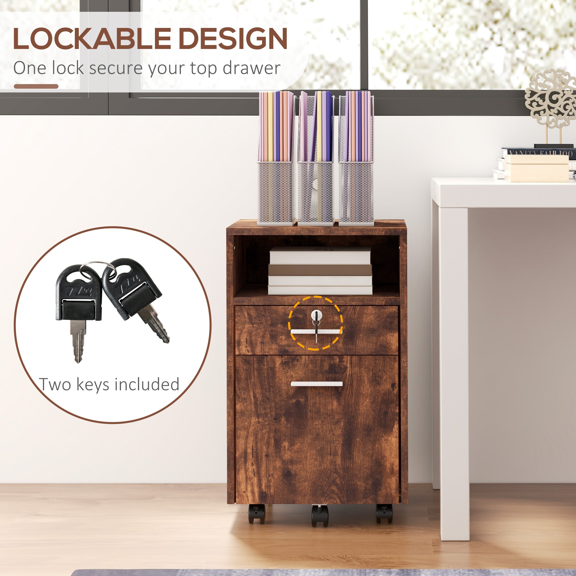 Lockable Filing Cabinet for Home Office, Mobile File Cabinet with Wheels Hanging Bar for A4, Letter Size, Rustic Brown