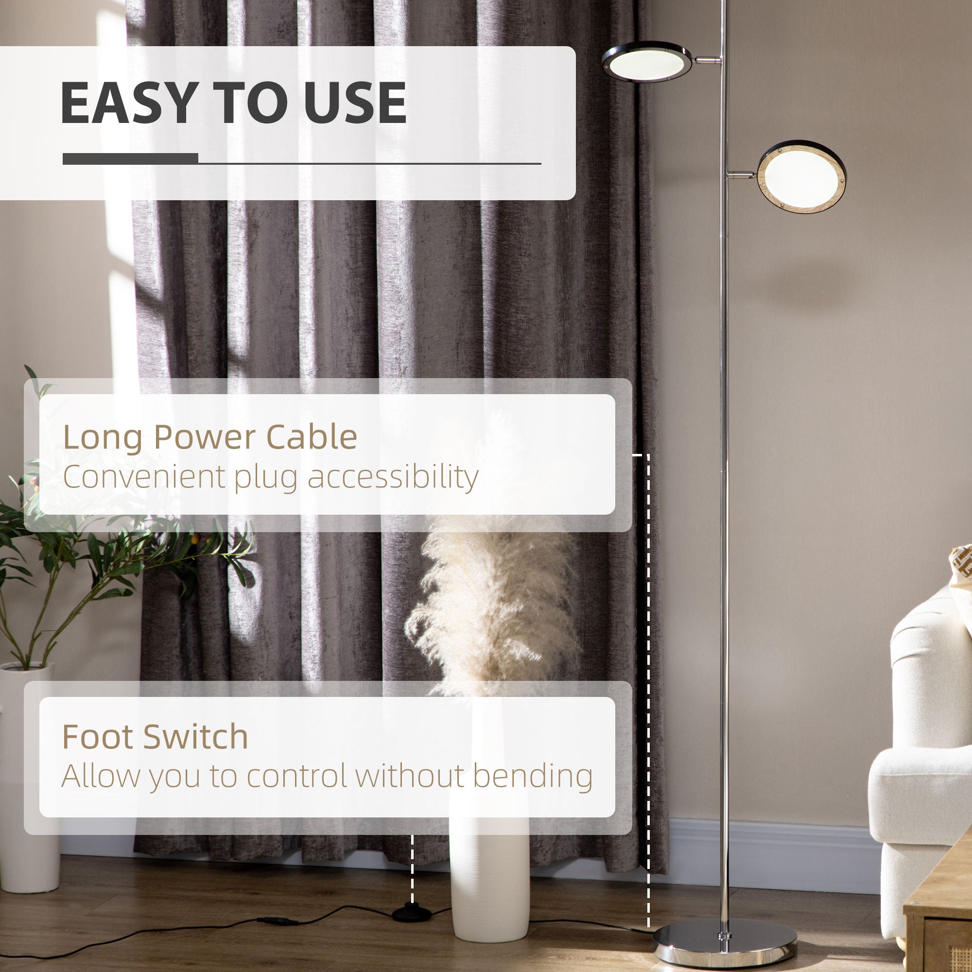 Modern Floor Lamps for Living Room, Standing Lamp with 2 Light White LED, Adjustable Head, 25x25x165cm, Chrome