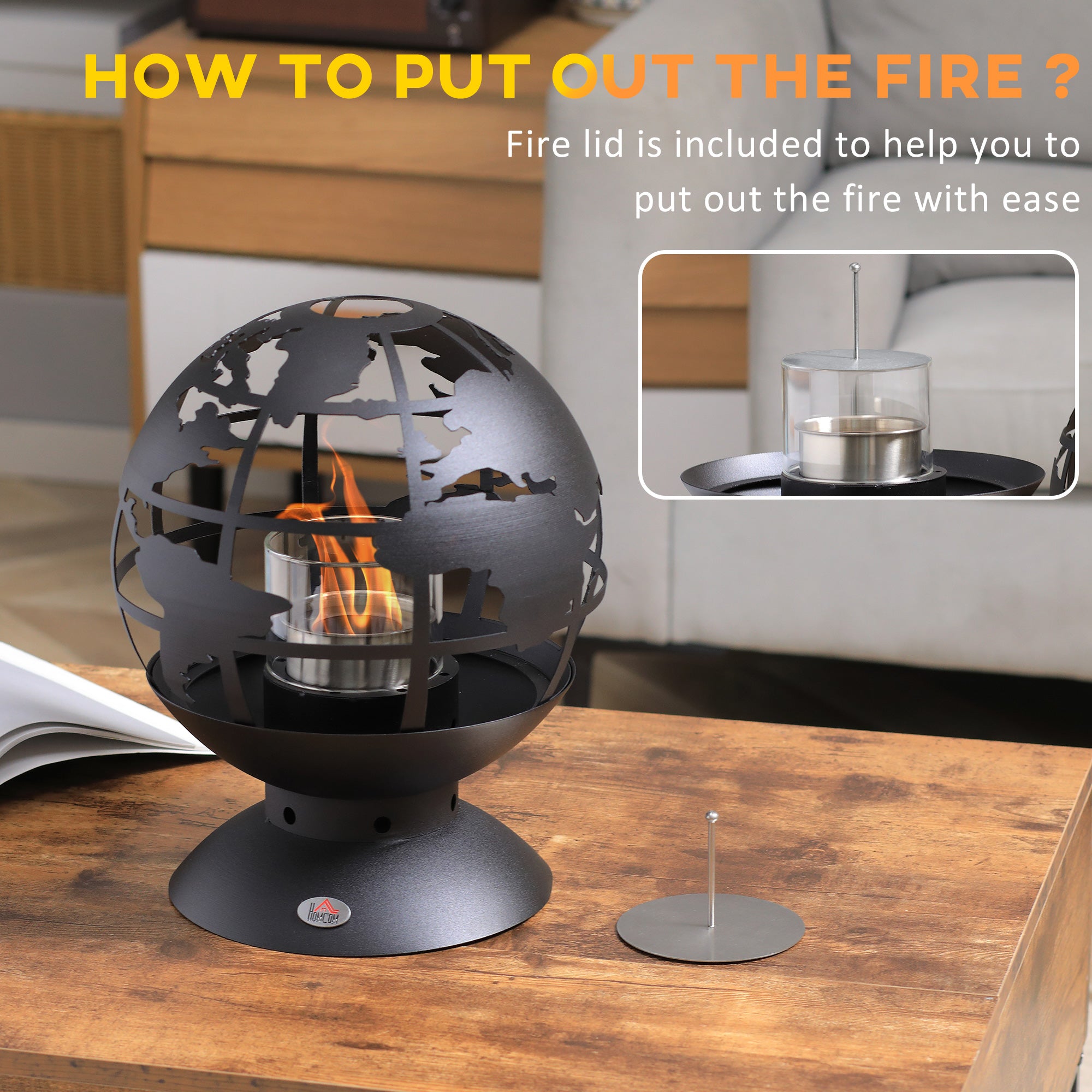 Globe Shape Tabletop Fireplace, Portable Metal Bioethanol Fireplace with Lid and 0.4L Tank, 1.5 Hour Burning Time for Liquid Alcohol, Black