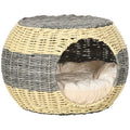 Wicker Raised Cat House with Washable Cushion 40x30cm - Beige Grey
