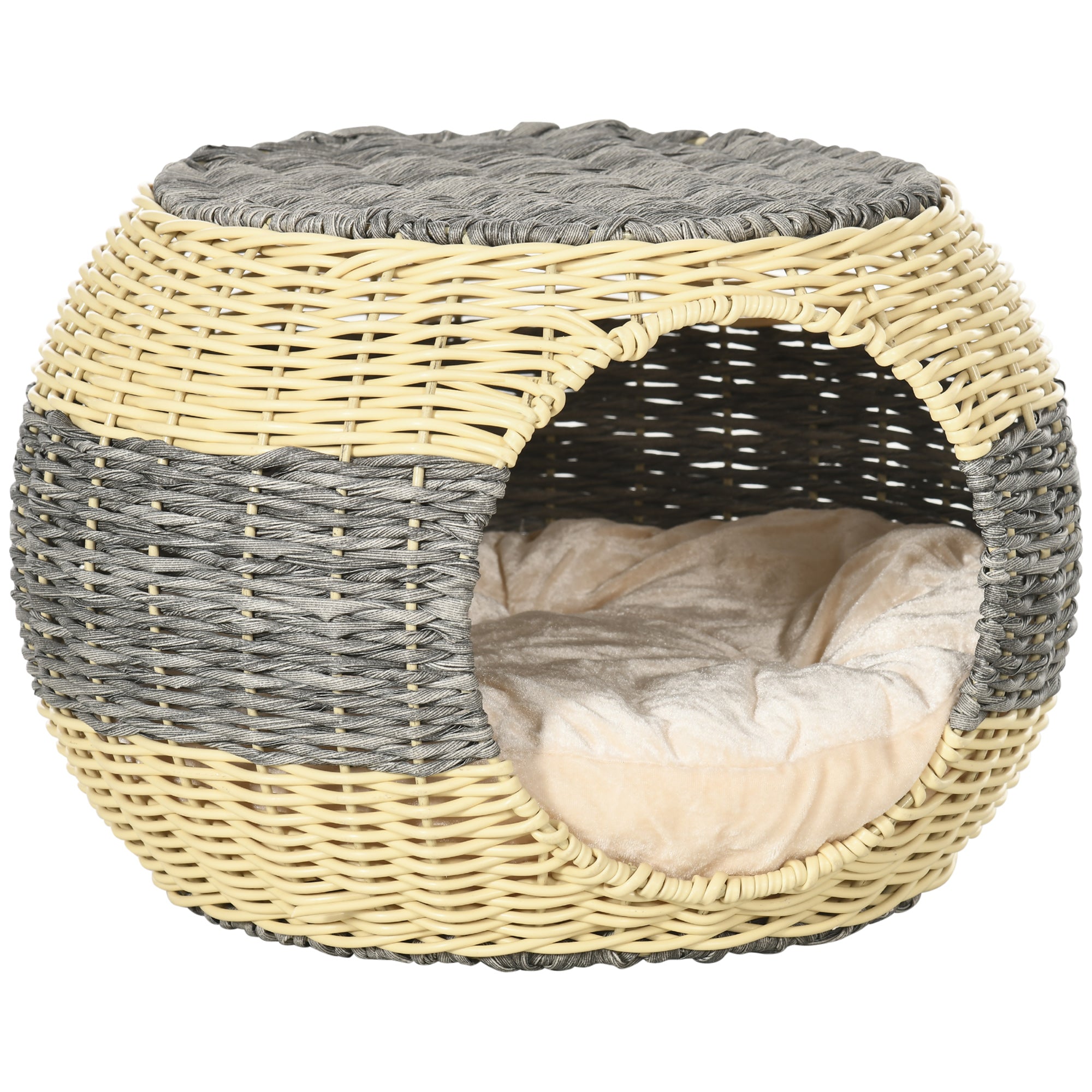 Wicker Cat House, Rattan Raised Cat Bed, Cosy Kitten Cave with Soft Washable Cushion, ?40 x 30cm