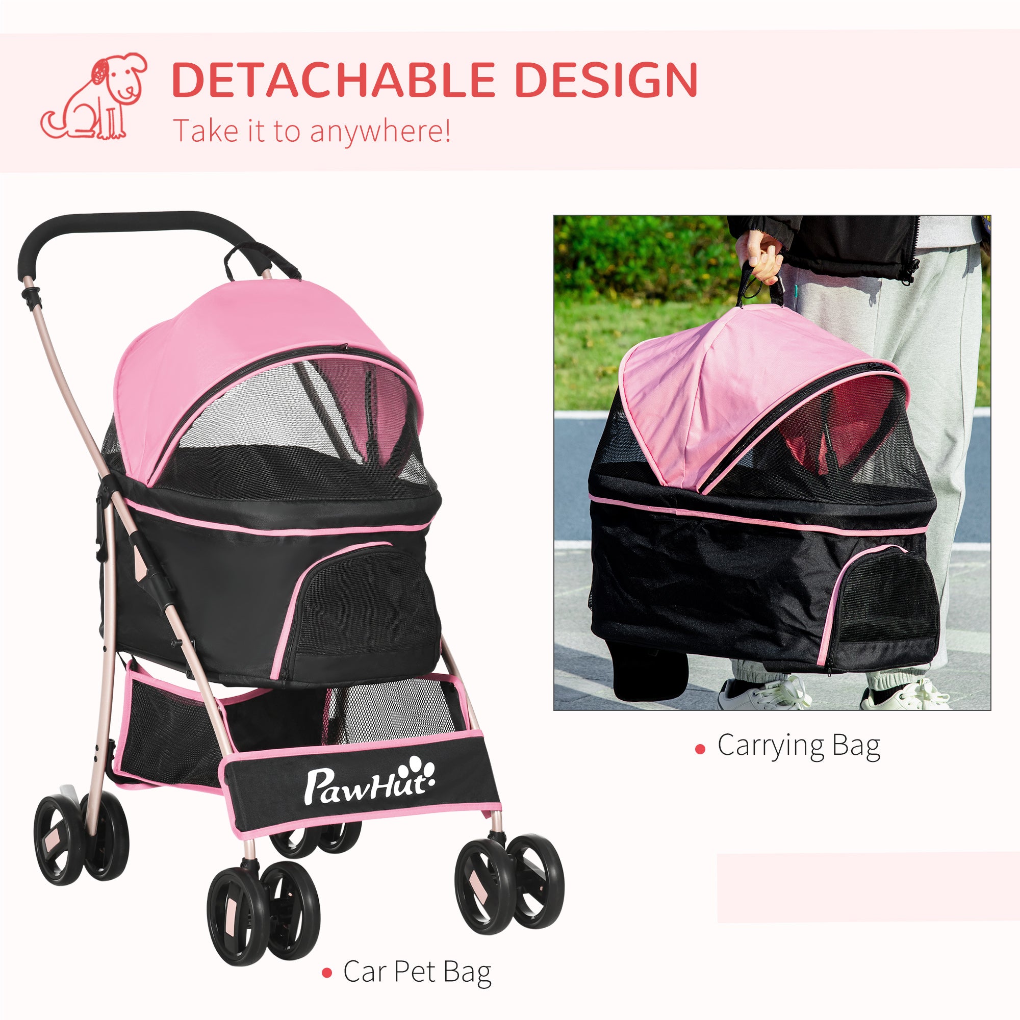 Detachable Pet Stroller with Rain Cover, 3 In 1 Cat Dog Pushchair, Foldable Carrying Bag w/ Universal Wheels, Brake, Canopy, Basket