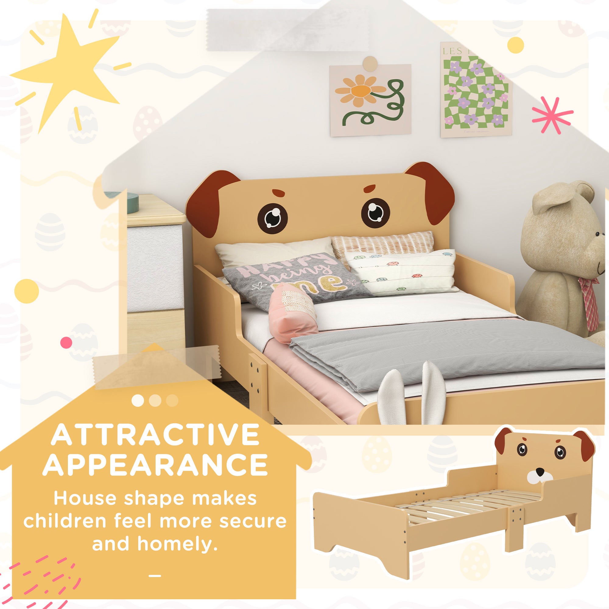 Kids Bed for 3-6 Years Old, Puppy-Themed Design, 143 x 74 x 58 cm, Yellow