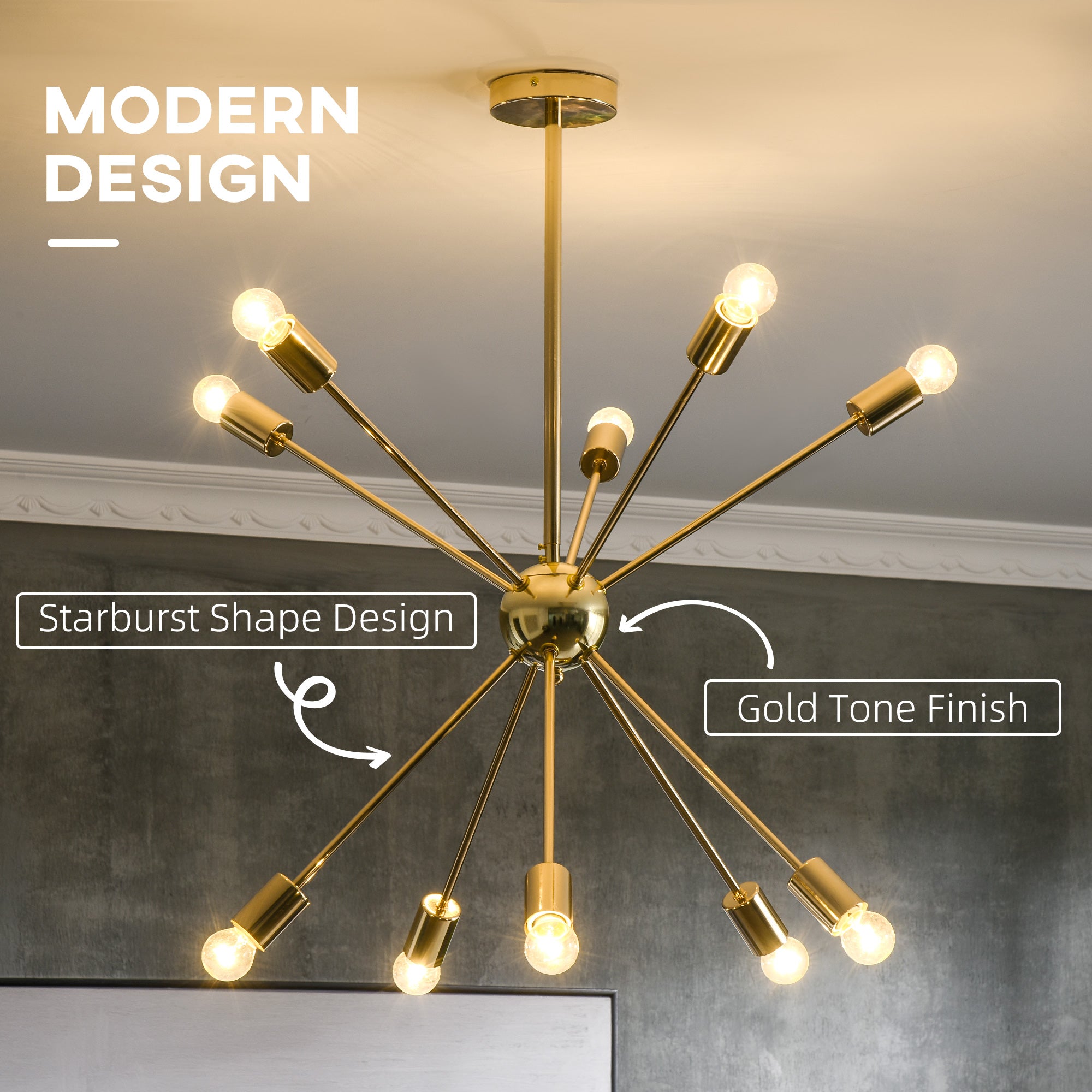 Modern Sputnik Ceiling Lights, 10-Light Chandelier for Bedroom Living Room with E27 Base, 65x65x78.5cm, Gold Tone