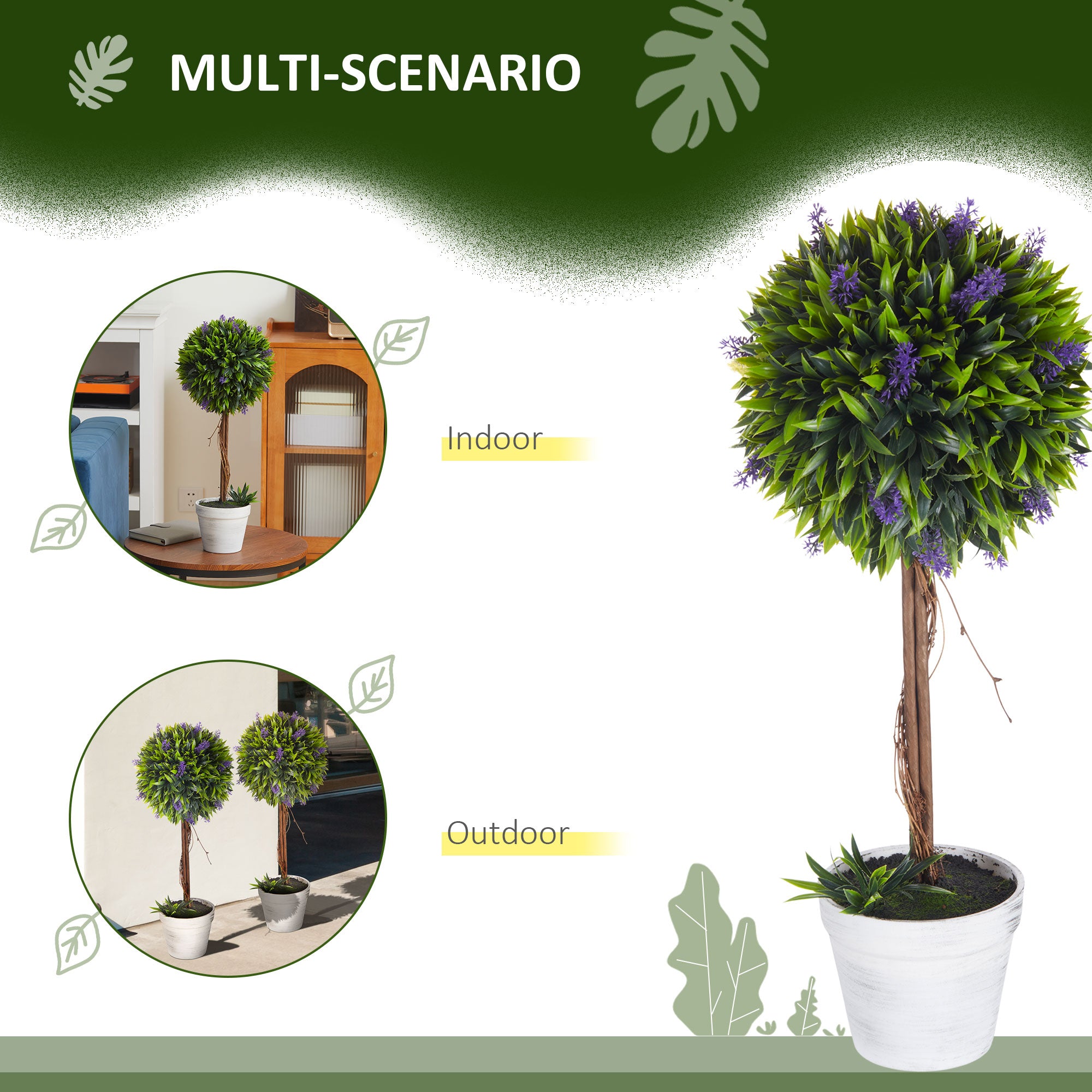 Set of 2 Decorative Artificial Ball Trees with Lavender Flowers in Pot 60cm - Green