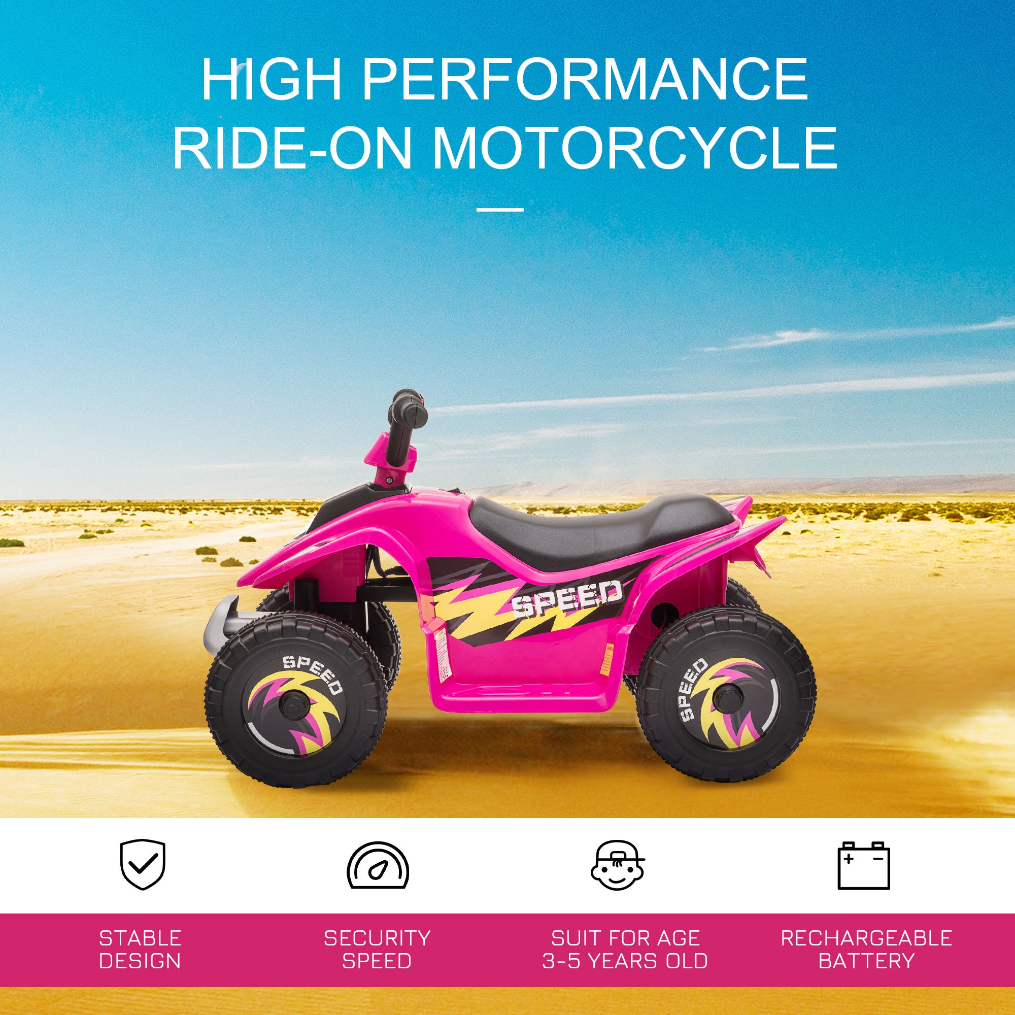 6V Kids Electric Ride on Car ATV Toy Quad Bike Four Big Wheels w/ Forward Reverse Functions Toddlers for 18-36 Months Old Pink