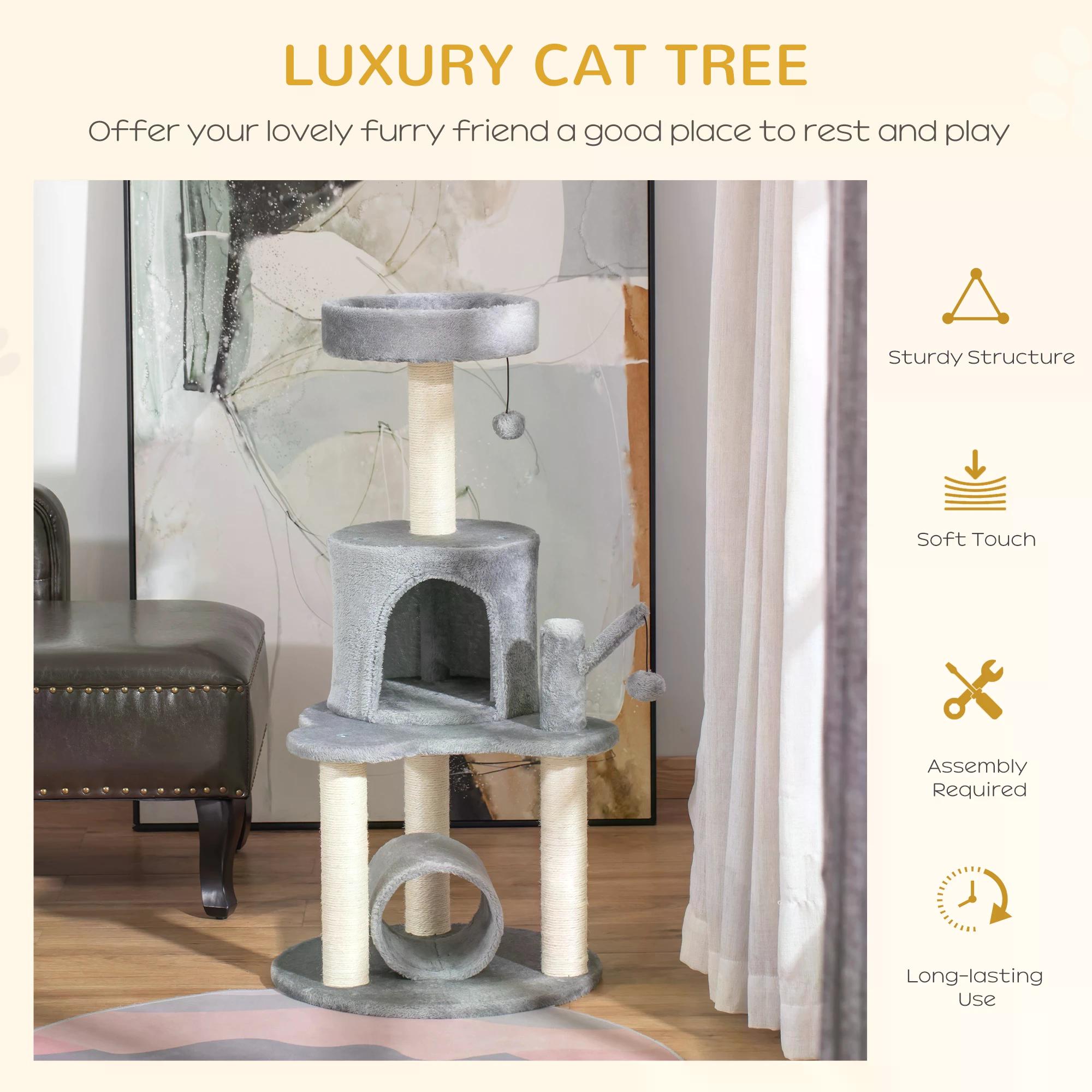 Cat Tree Tower Climbing Activity Center Kitten Furniture with Jute Scratching Post Bed Tunnel Perch Hanging Balls Grey