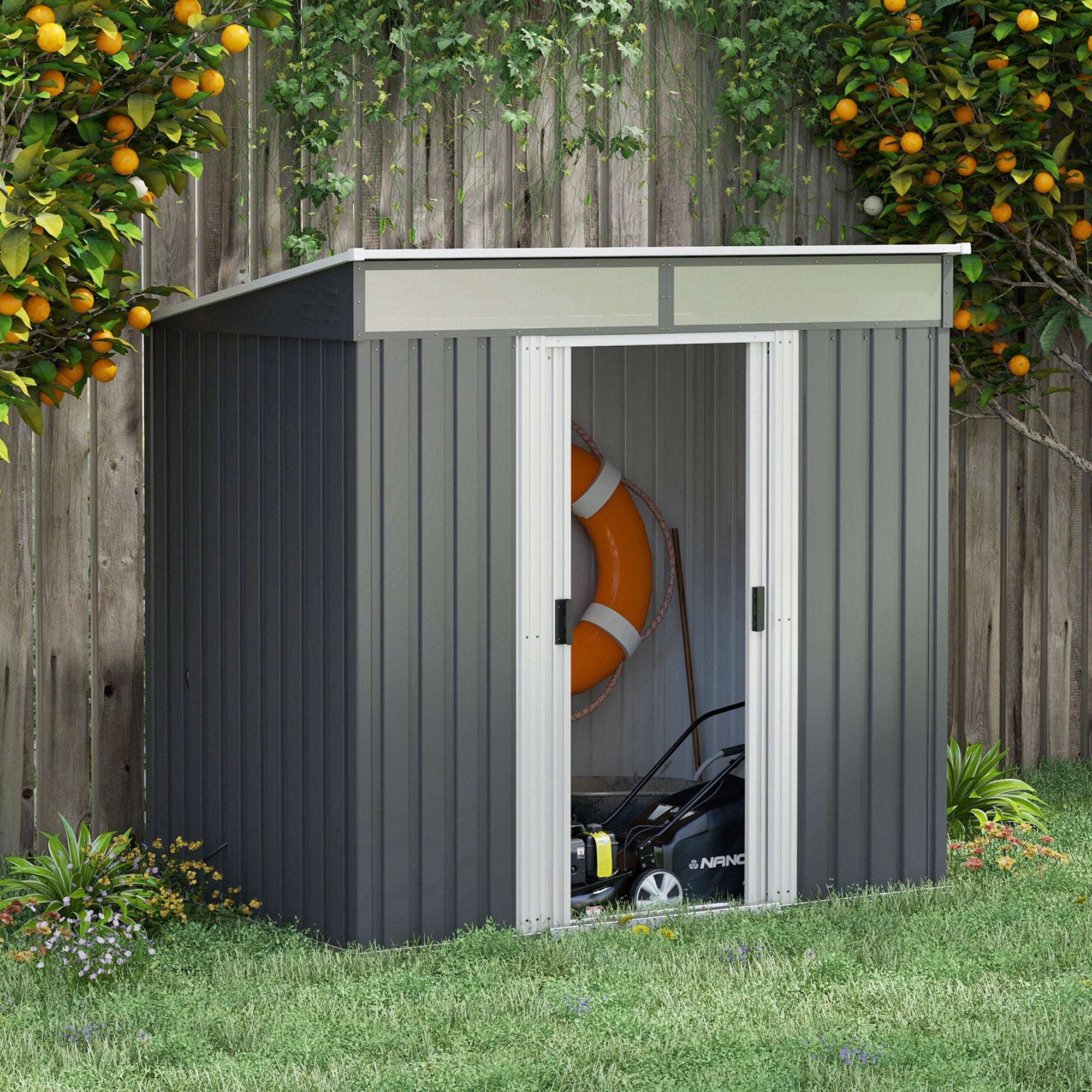 6.5 x 4FT Galvanised Metal Shed with Foundation, Lockable Tool Garden Shed with Double Sliding Doors and 2 Vents, Grey