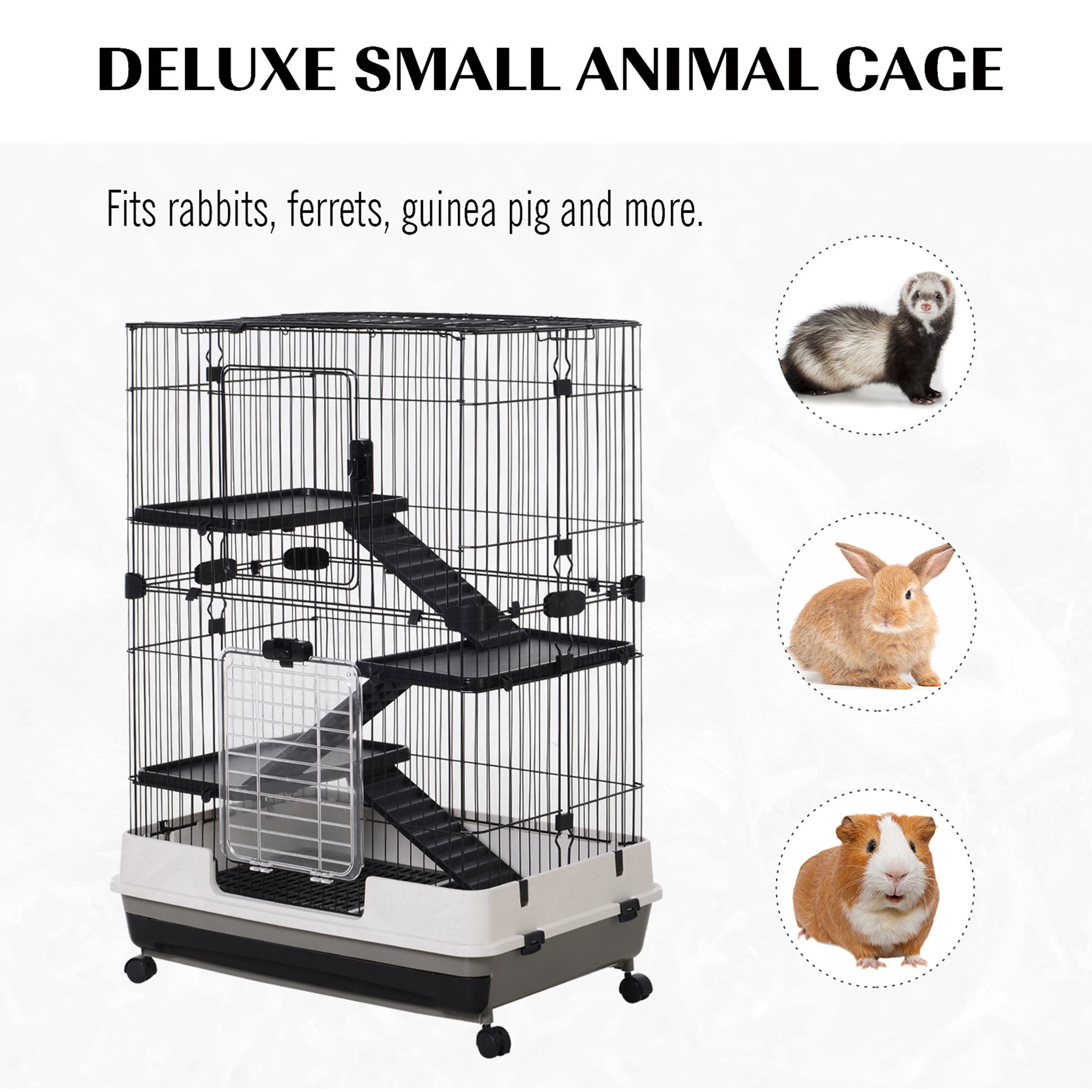 Small Guinea Pigs Hutches Hutch Pet Play House with Platform, Ramp, Removable Tray for Rabbits, Guinea Pigs, Chinchillas Black and White