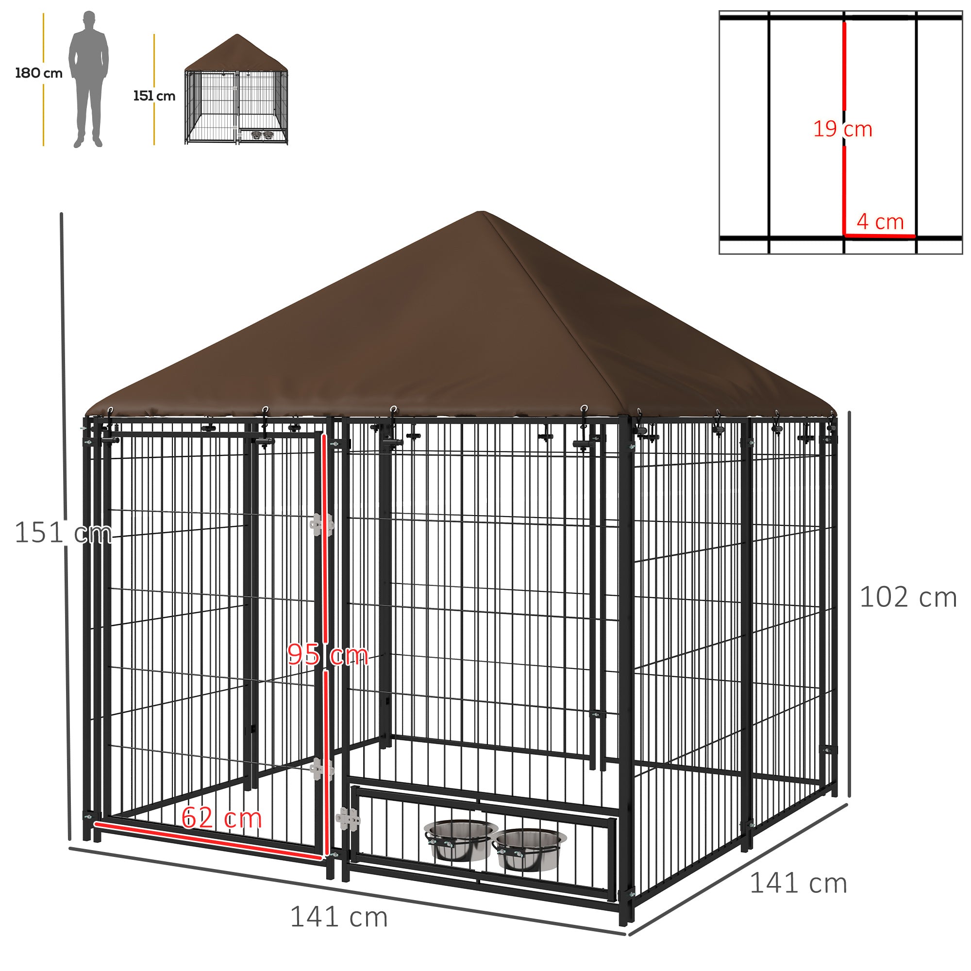 Outdoor Dog House Kennel with Water-resistant Roof Lockable Mesh Metal Cage Steel Fence, 141 x 141 x 121 cm