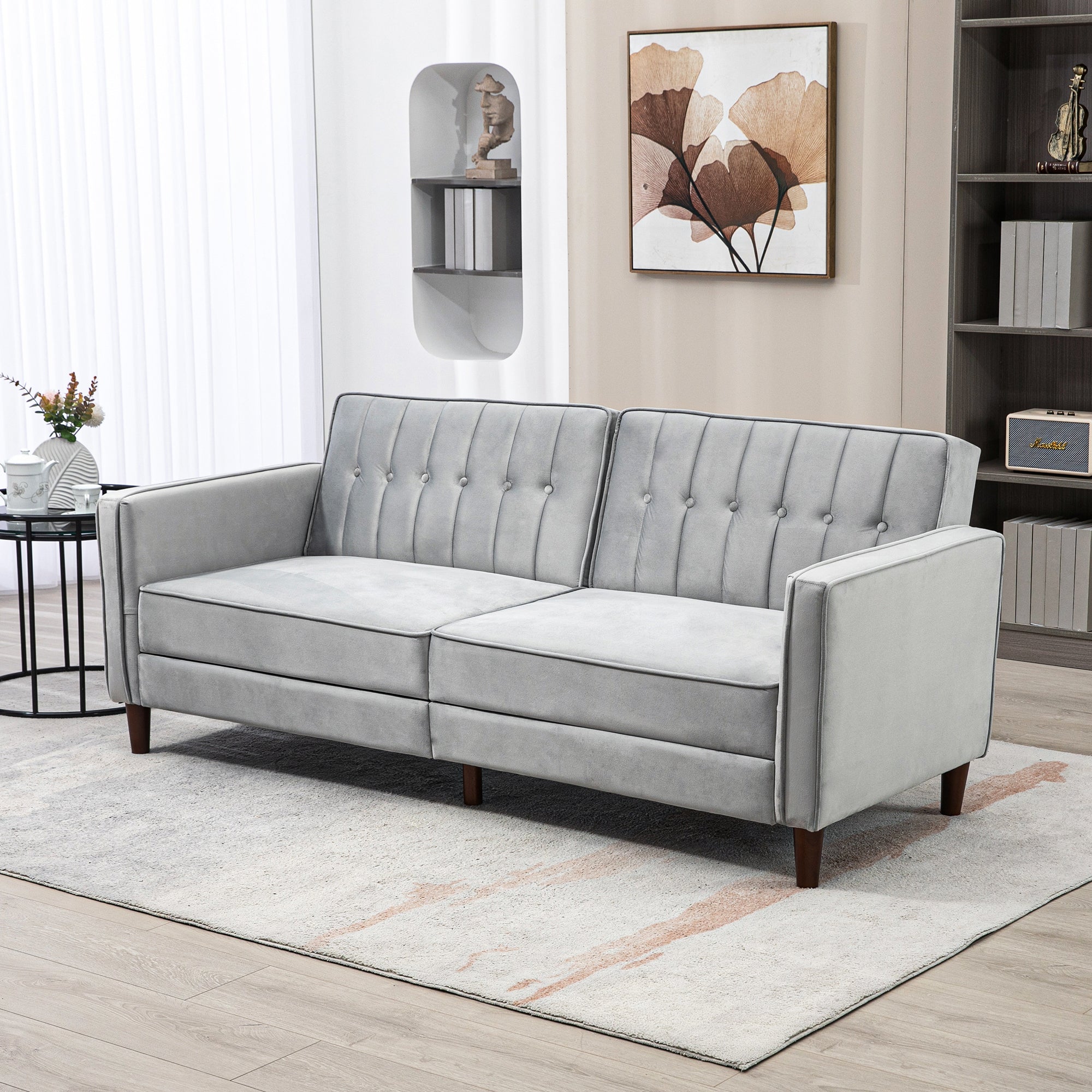 Modern Convertible Sofa Futon Velvet-Touch Tufted Couch Compact Loveseat with Adjustable Split Back, Light Grey