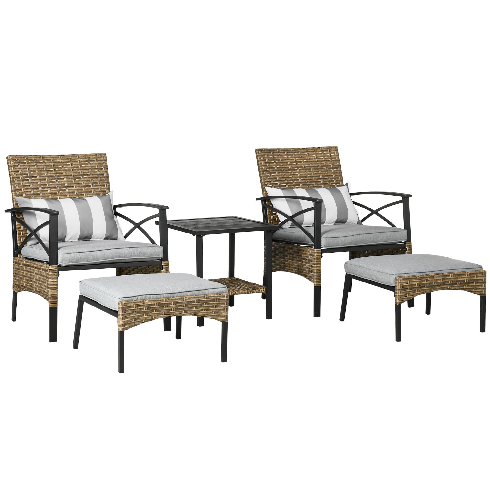 5 Piece PE Rattan Garden Furniture Set, 2 Armchairs, 2 Stools, Steel Tabletop with Wicker Shelf, Padded Outdoor Seating, Grey