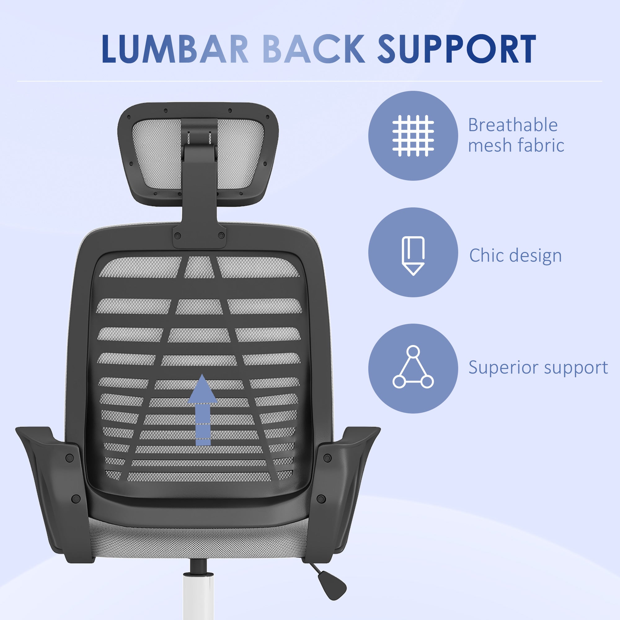 Ergonomic Office Chair, Mesh Desk Chair with Rotatable Headrest, Lumbar Back Support, Armrest, Grey