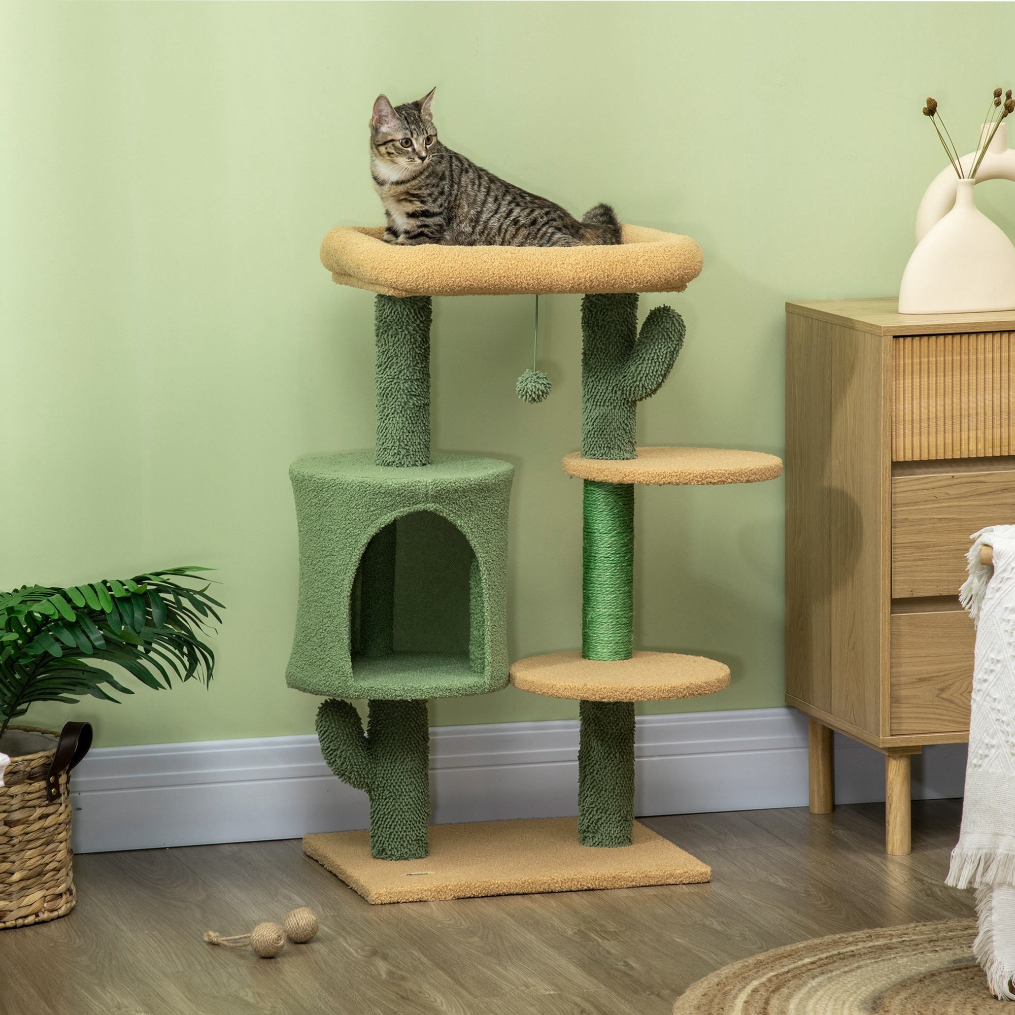 Cactus Cat Tree, 90cm Cat Climbing Tower, kitten Activity Centre with Teddy Fleece House, Bed, Sisal Scratching Posts and Hanging Ball, Green