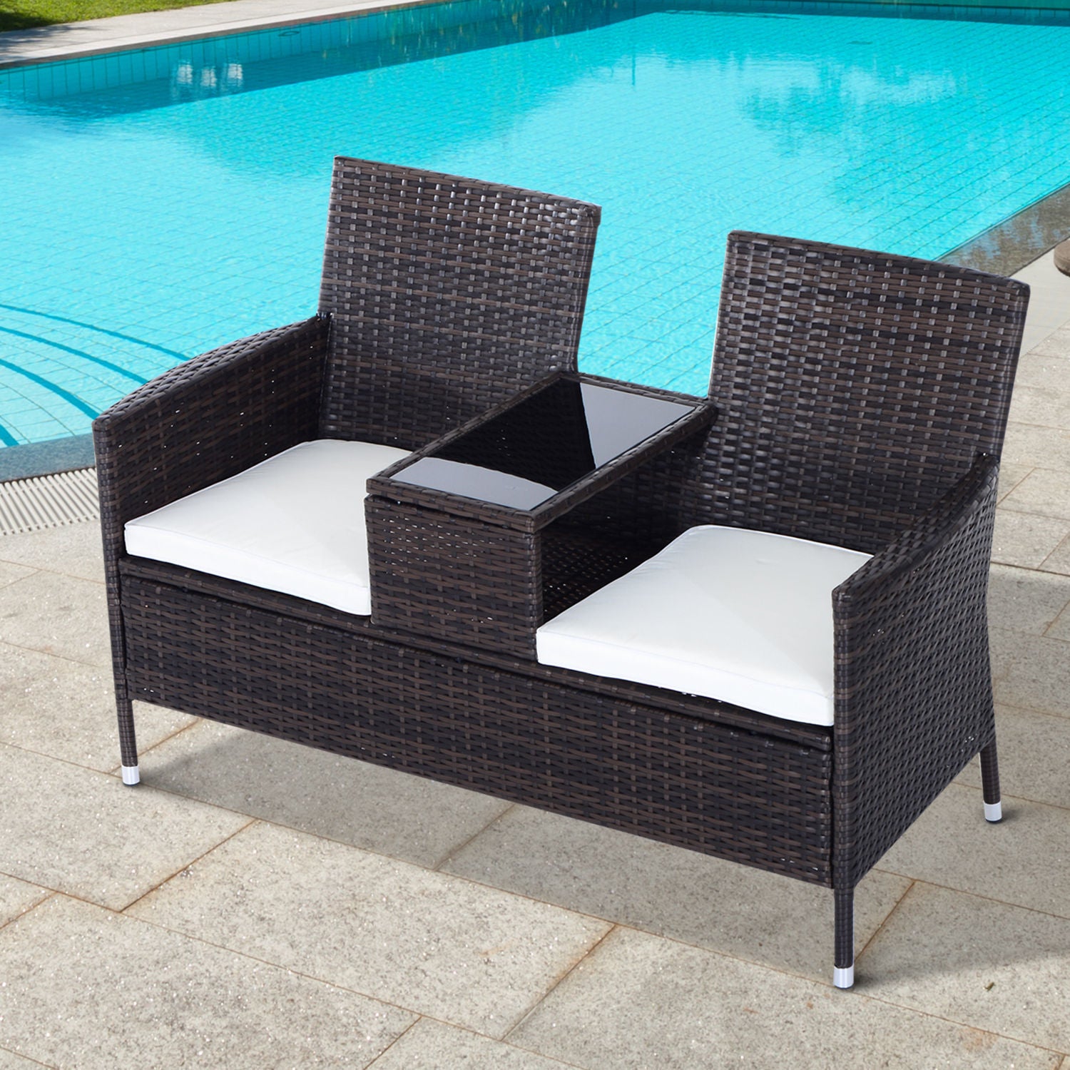 Garden Rattan 2 Seater Companion Seat Wicker Love Seat Weave Partner Bench w/ Cushions Patio Outdoor Furniture (Brown)