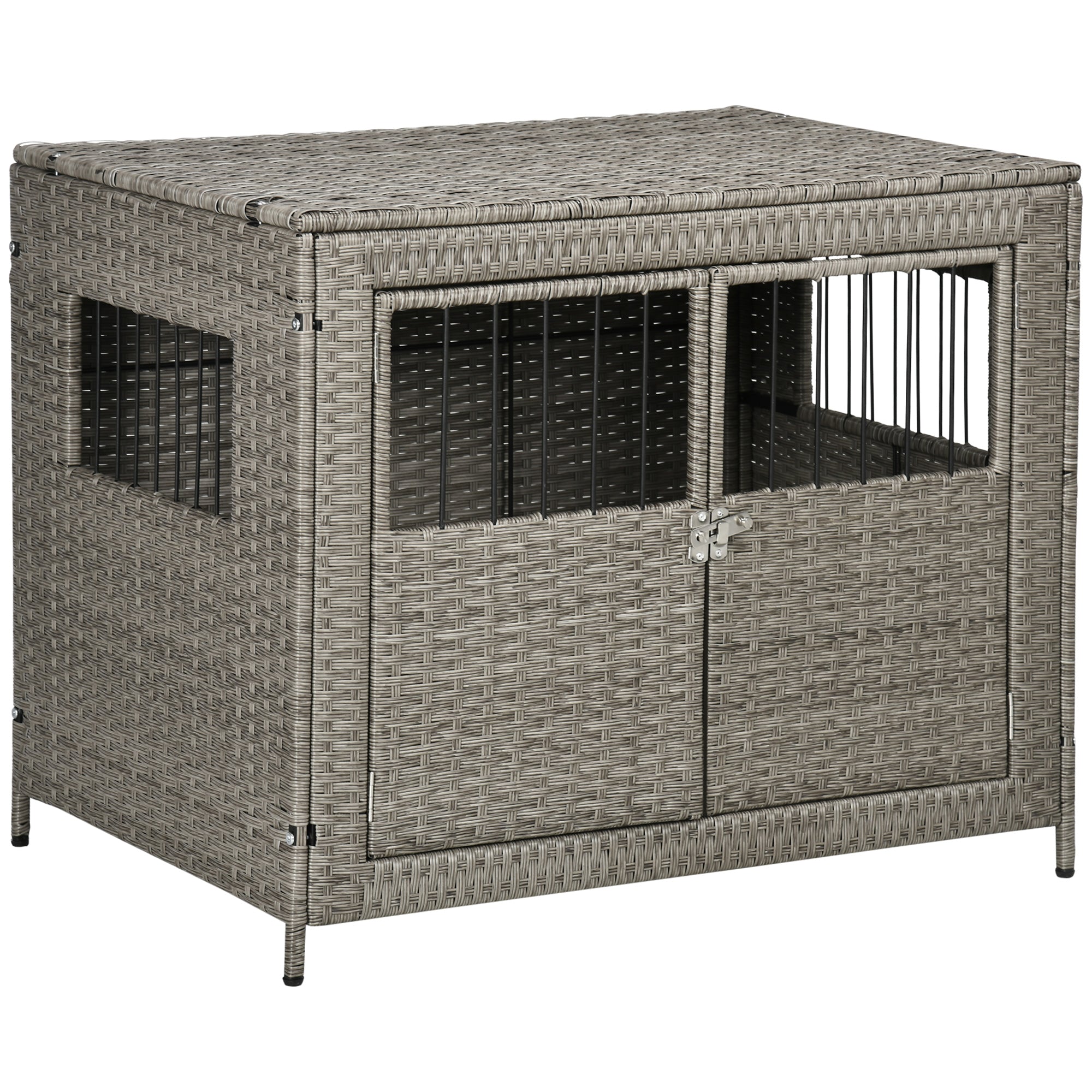 Wicker Dog Cage, Dog Crate with Double Doors and Soft Washable Cushion for Medium to Large Sized Dogs, 85 x 61 x 70 cm