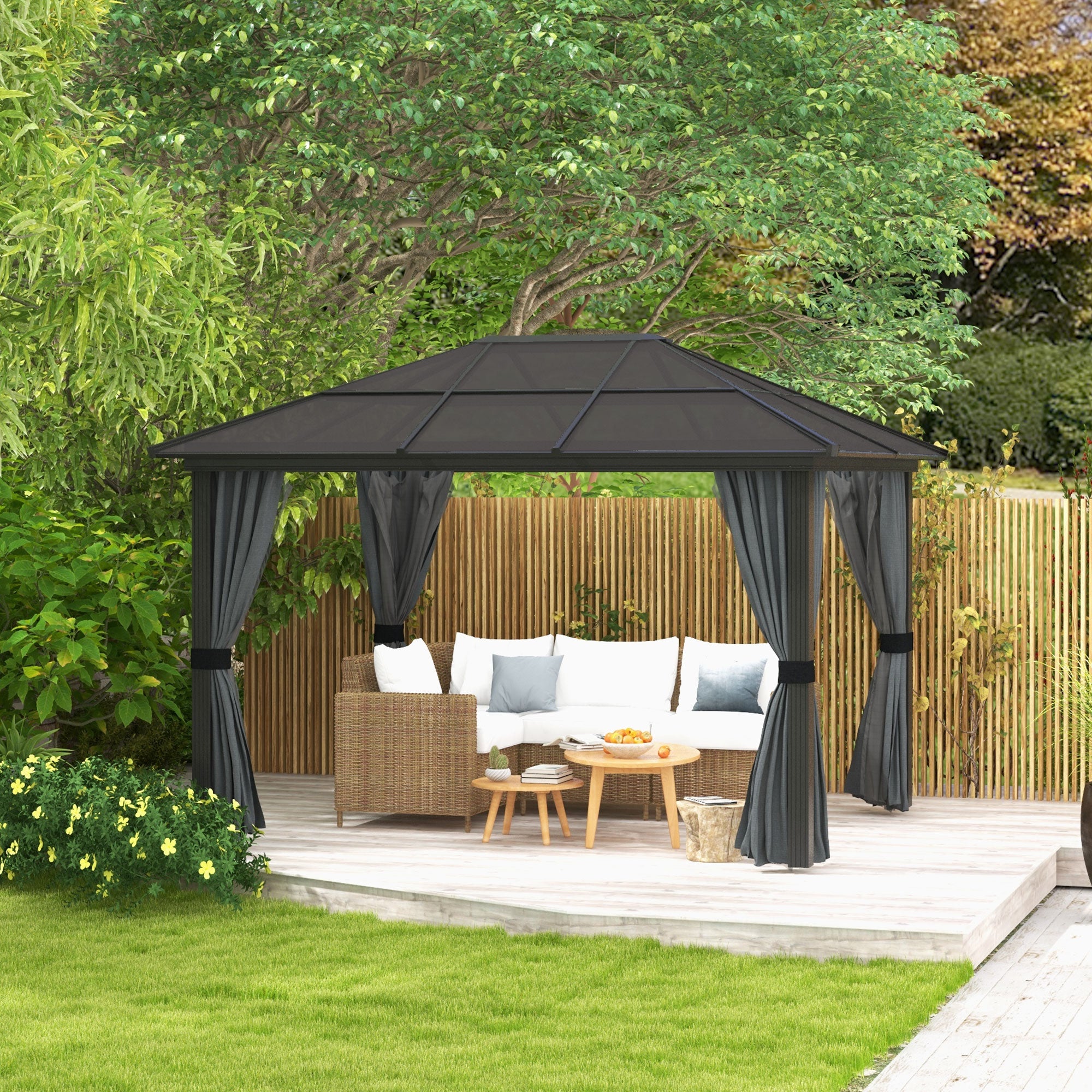 3 x 4m Hard Top Gazebo Garden Pavilion with Netting and Curtains, Polycarbonate Roof and Aluminium Frame