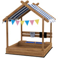 Wooden Kids Sandbox with Weather-Resistant Canopy and Accessories - Brown