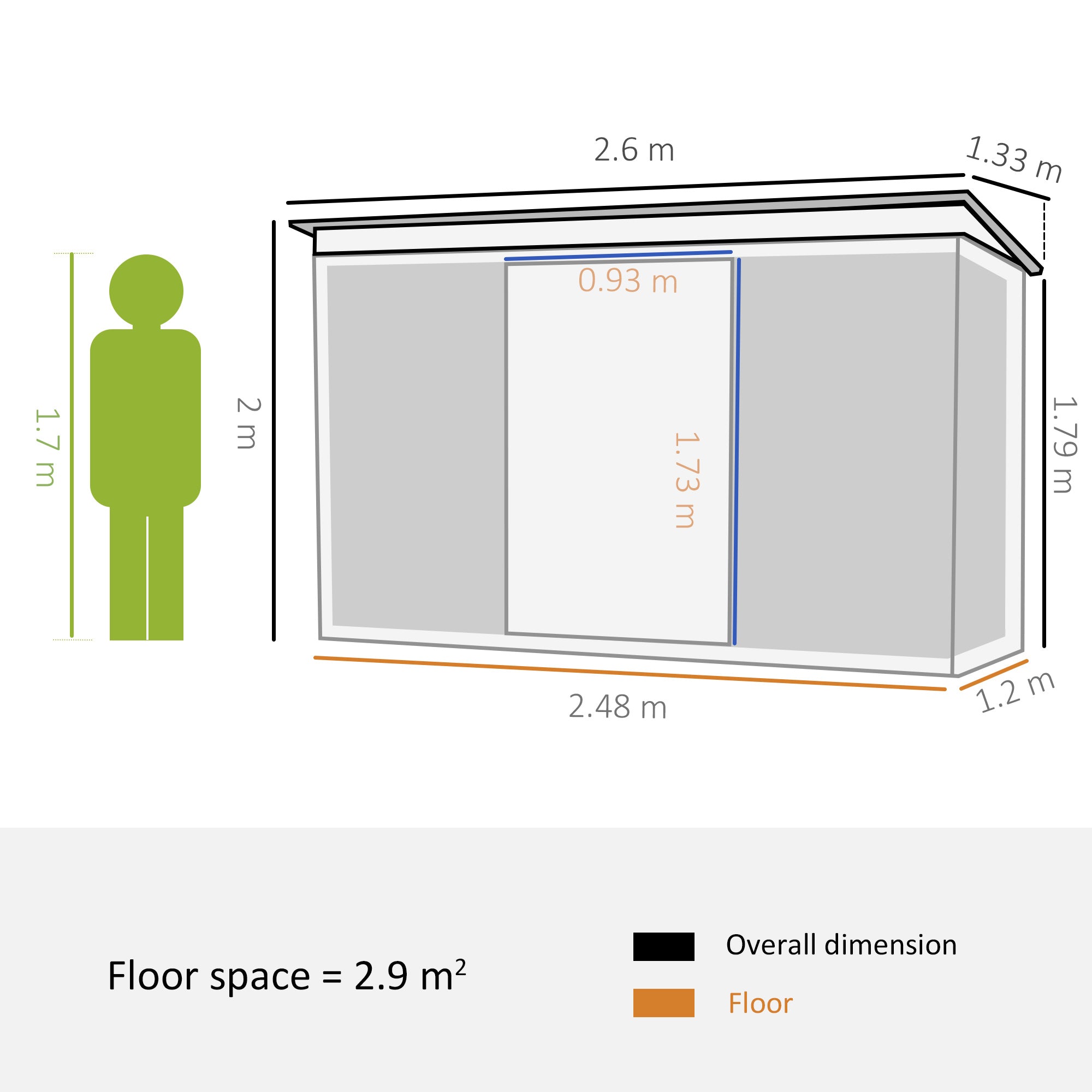 Pent Roofed Metal Garden Shed House Hut Gardening Tool Storage w/ Ventilation 260L x 133W x 200Hcm