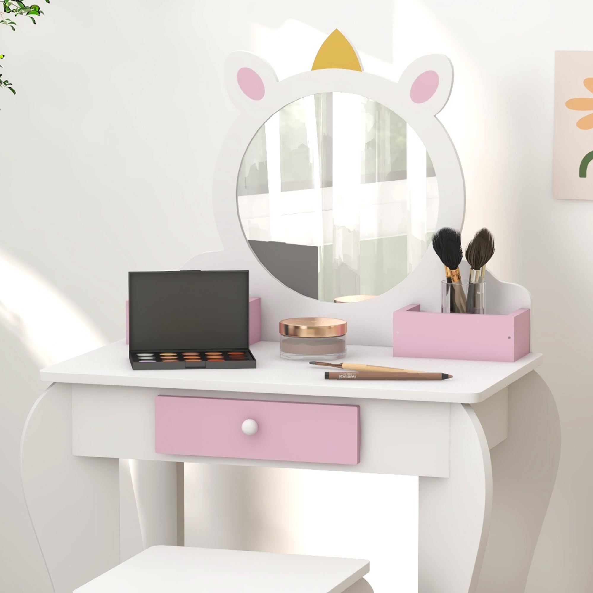 Piece Kids Dressing Table Set with Mirror and Stool White Unicorn
