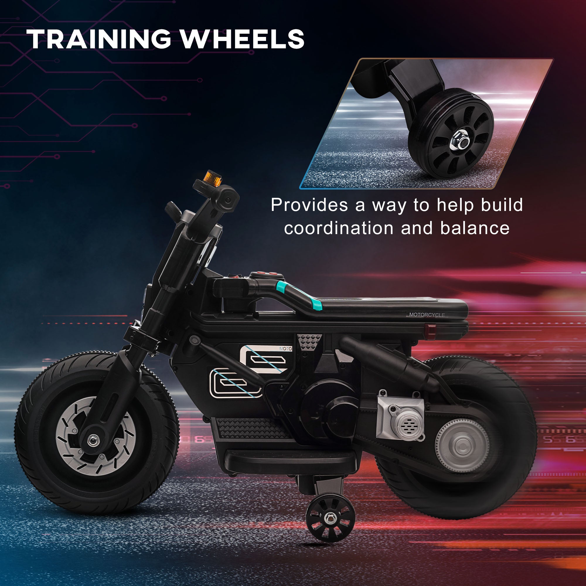 Kids Electric Motorbike with Siren, Horn, Headlights & Training Wheels for Ages 3-5 Years - Black