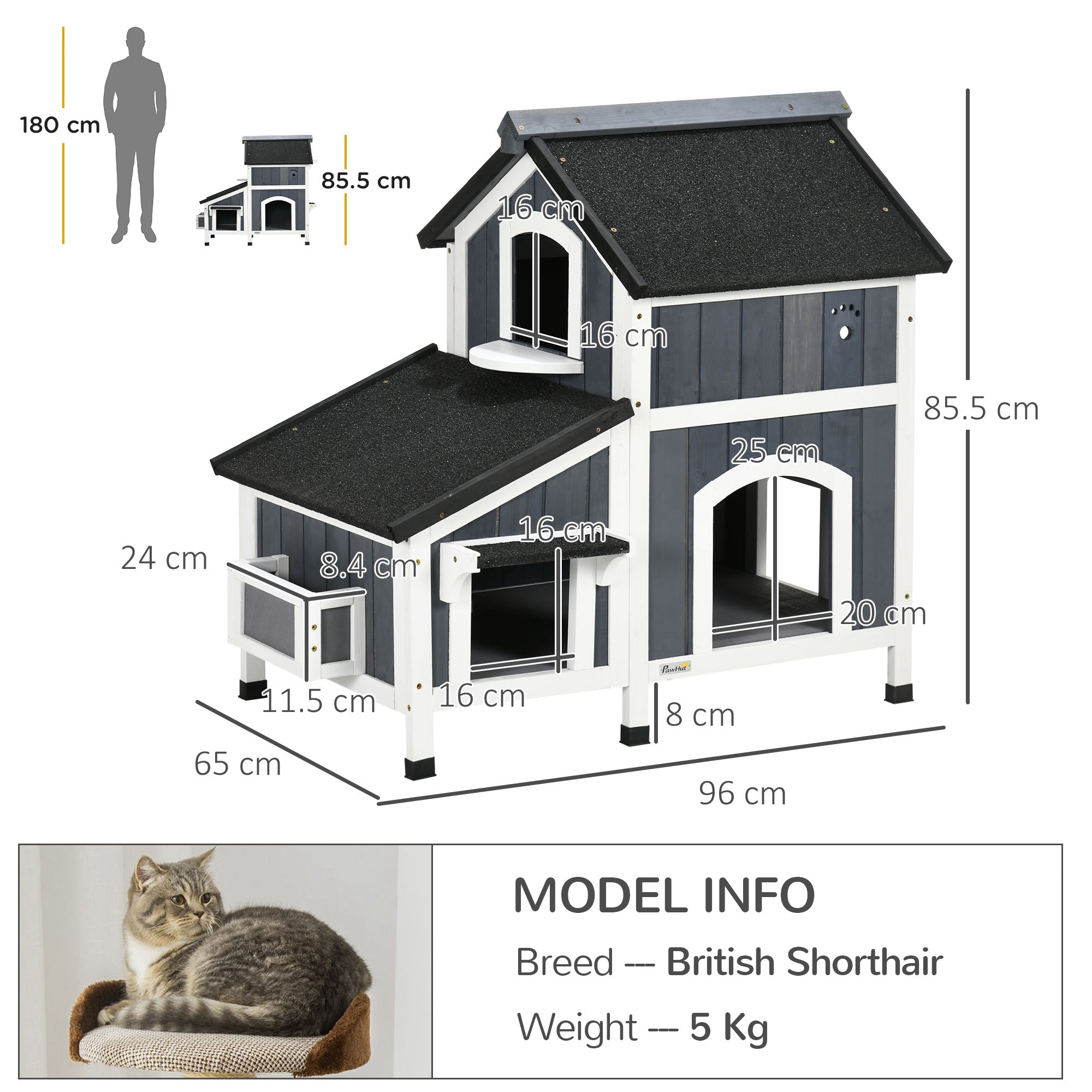 Wooden Cat House Outdoor with Flower Pot, 2 Tiers Cat Shelter with Window, Multiple Entrances, Water-resistant Roof, Grey