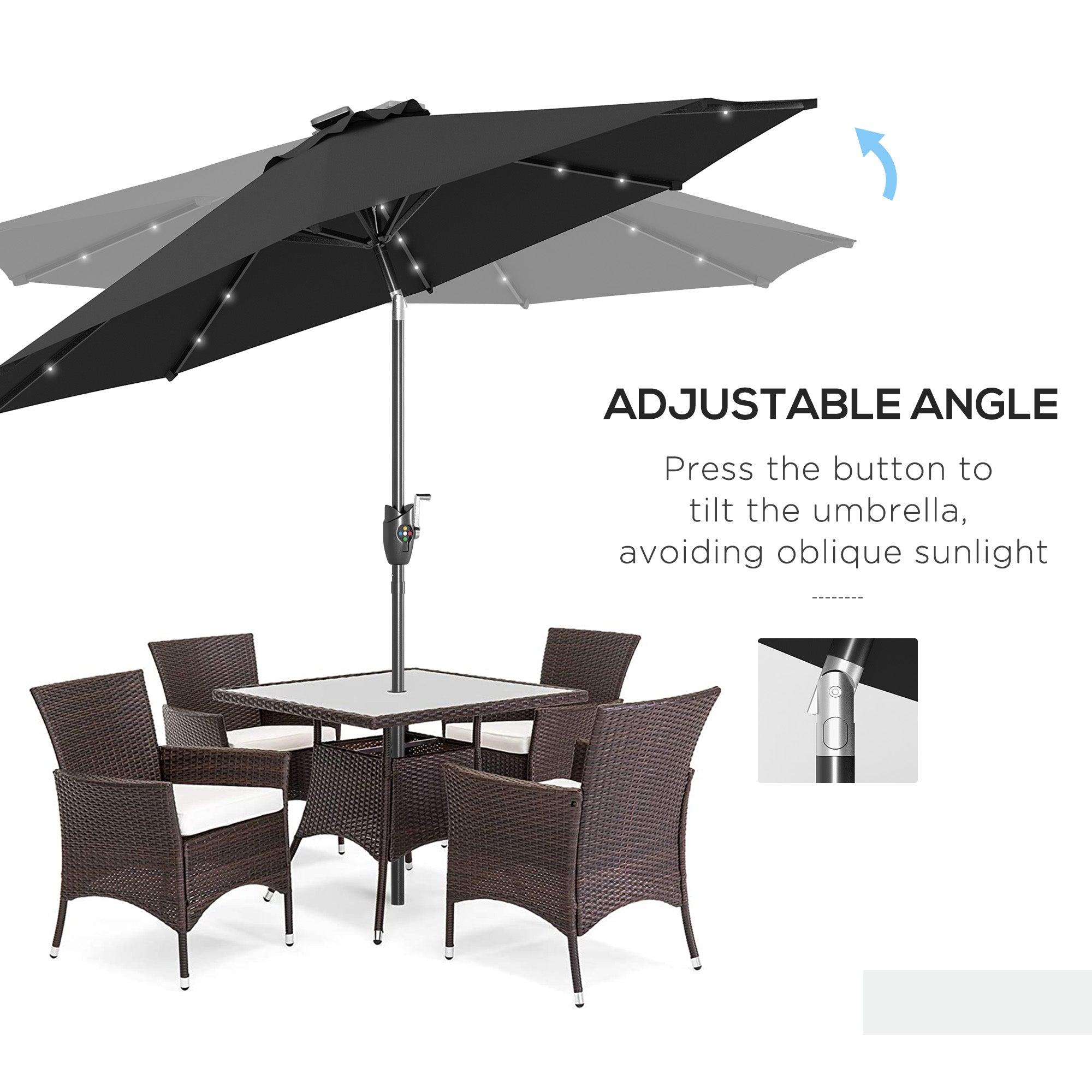 2.7m Garden Parasol Solar Outdoor Tilt Sun Umbrella Patio Sun Shade w/ 24 LED Light, Hand Crank and 8 Ribs, Black