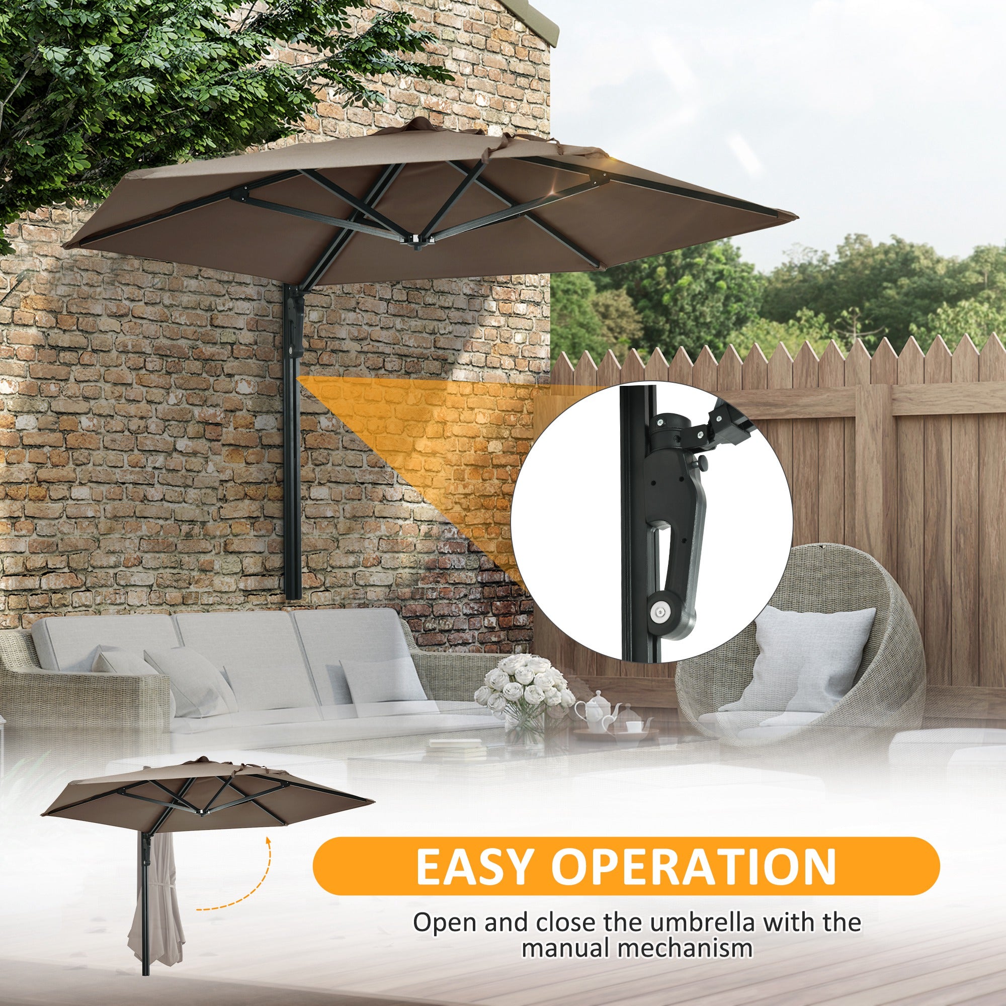 Wall Mounted Parasol, Hand to Push Outdoor Patio Umbrella with 180 Degree Rotatable Canopy for Porch, Deck, Garden, 250 cm, Khaki