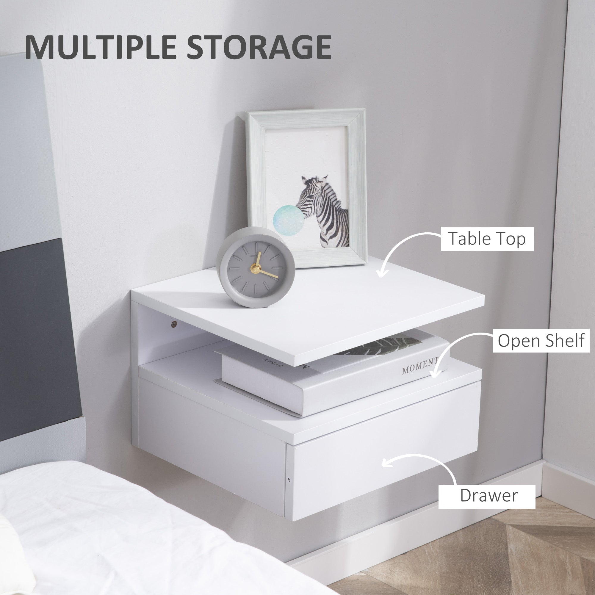 Floating Bedside Cabinet with Drawer and Open Shelf, Wall Mounted Nightstands, Bedside Table with Storage for Bedroom