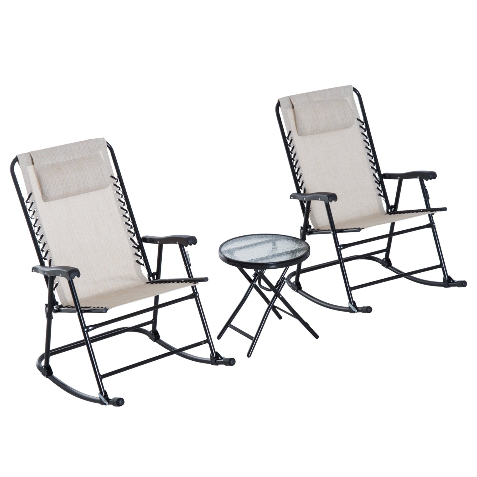 3 Piece Outdoor Rocking Set with 2 Folding Chairs and 1 Tempered Glass Table, Patio Bistro Set for Garden, Deck, Beige