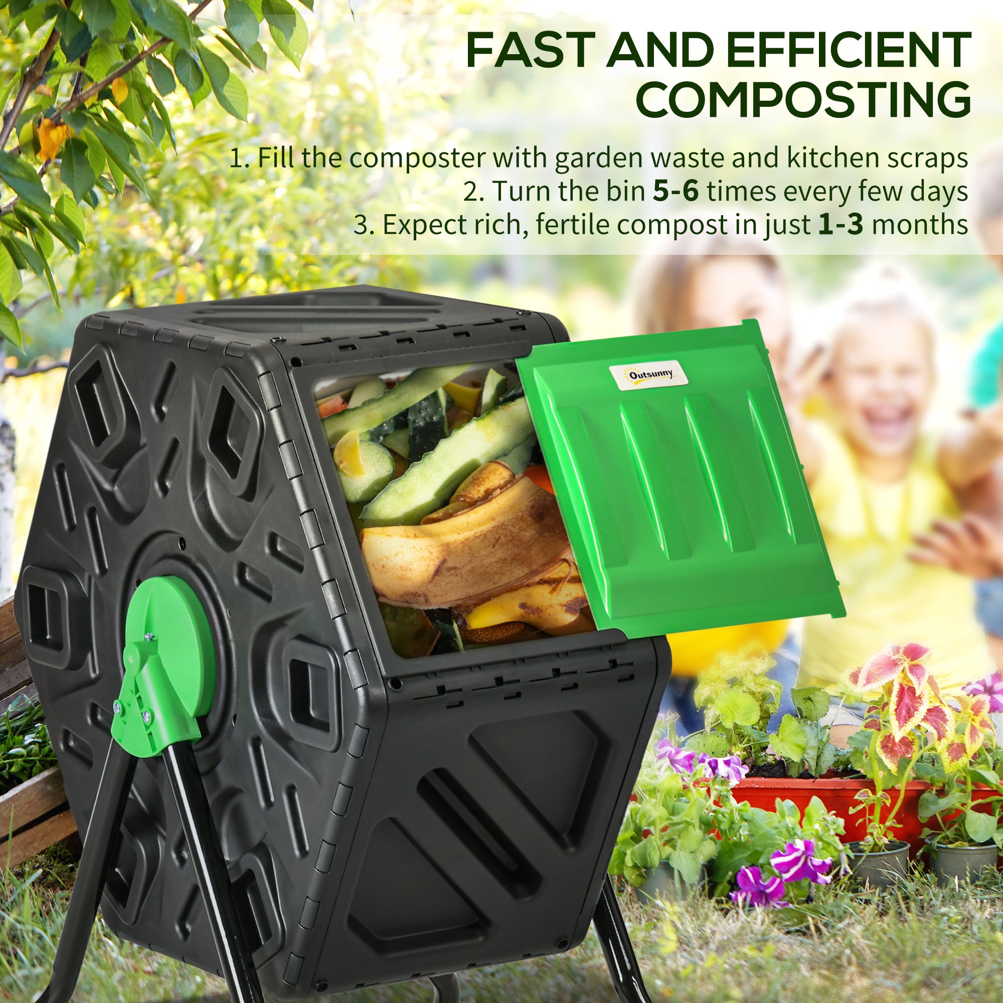 65L Garden Compost Bin, Single Chamber Rotating Composter, Compost Maker with 48 Ventilation Openings and Steel Legs